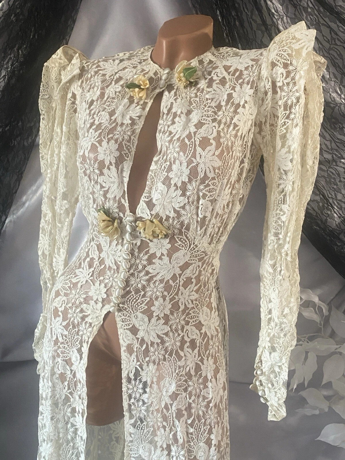 VTG 1920s LACE Lame Dress HOLLYWOOD SHEER MOVIESTAR MAXI DUSTER DRESS PEARL LILY