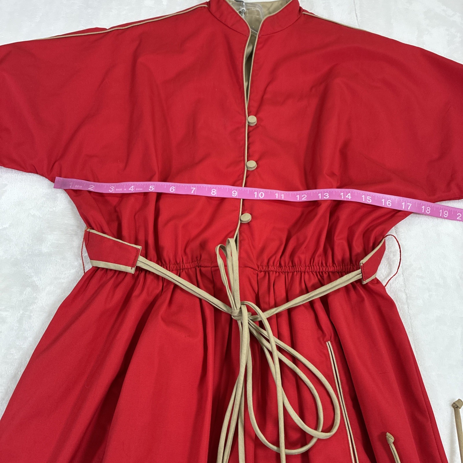 80s Vintage Red & Tan Shirt Dress Belted Button Front Fit Flare Womens Day Dress