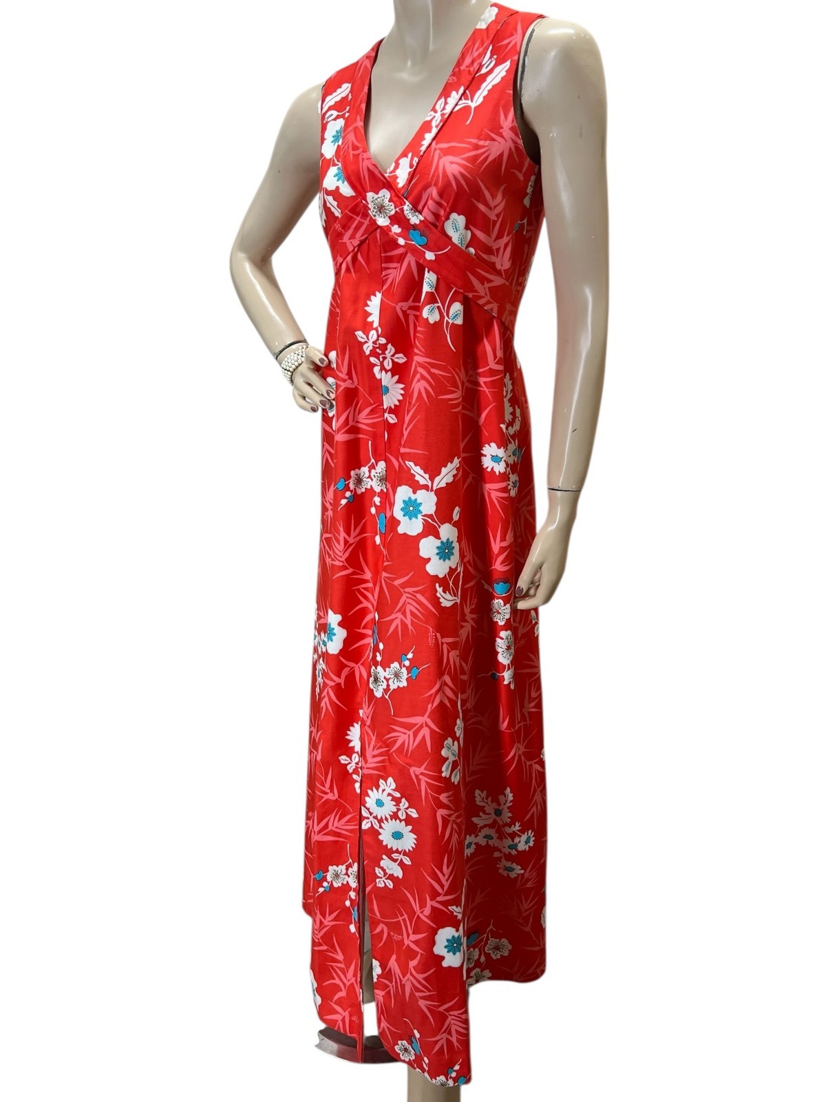 Sz M Vtg 70s Maxi Dress Cross Tie Coral Floral Polished Cotton Center Split