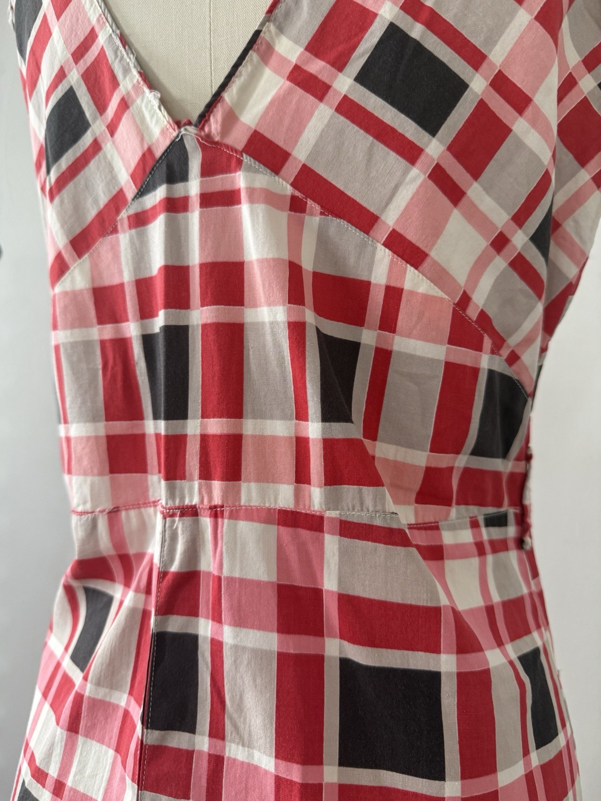 30s Glazed Cotton Plaid Pointed Collar 1/4 Zip Halter Dress Midi Sportswear S/M