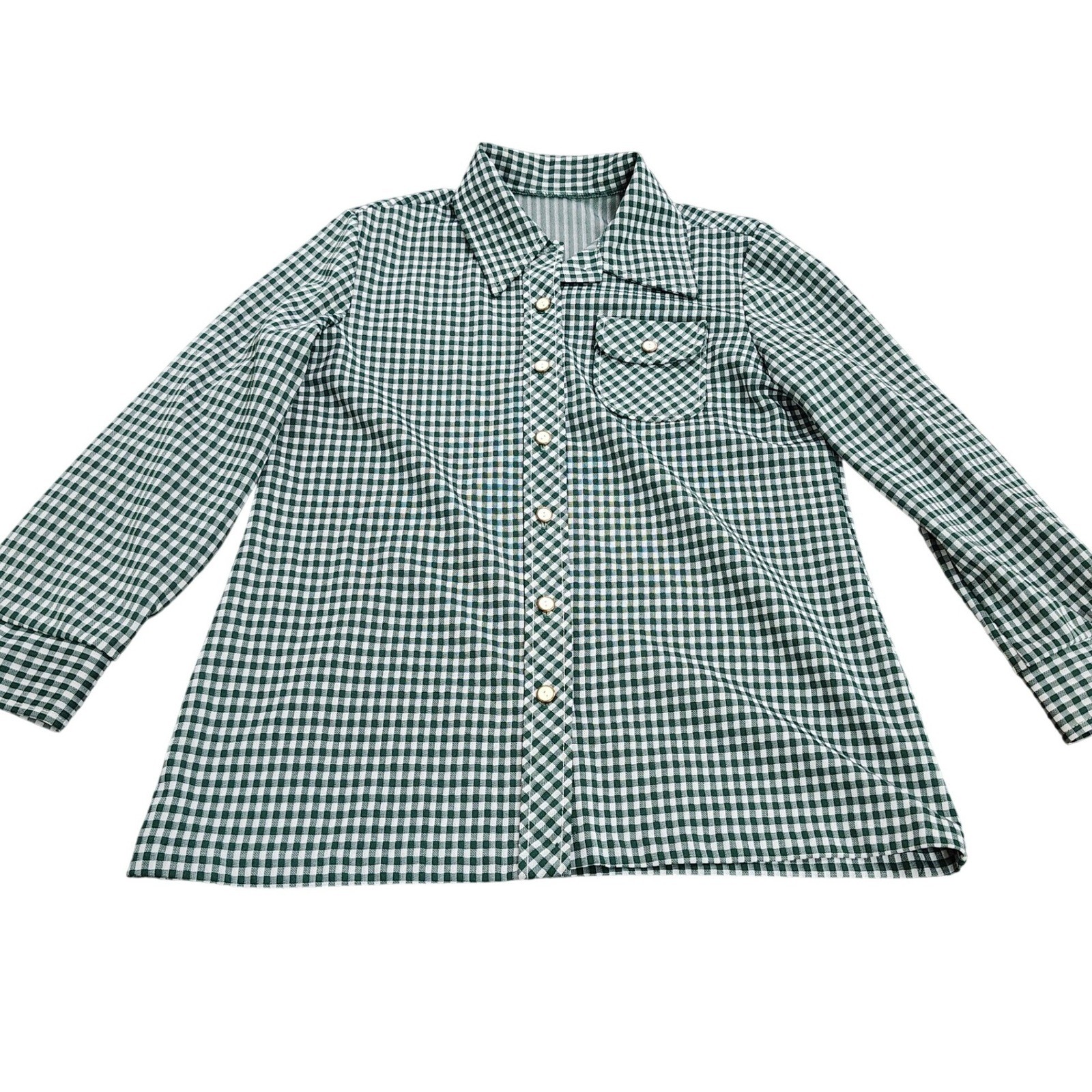 Vintage 70s Green Gingham Check Long Sleeve Button Up Shirt Single Pocket 21×28