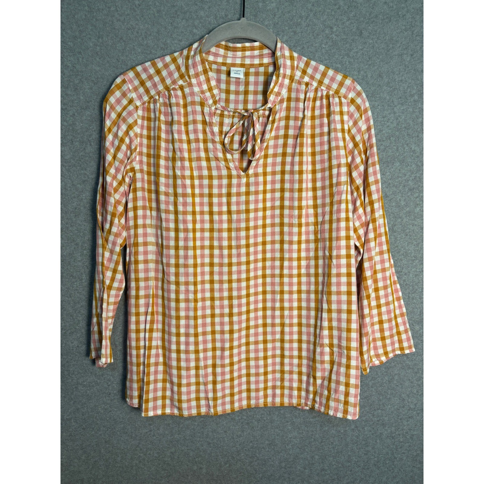 Old Navy Women’s Gingham Tie Neck Blouse Pink Mustard Plaid Boho Top XS