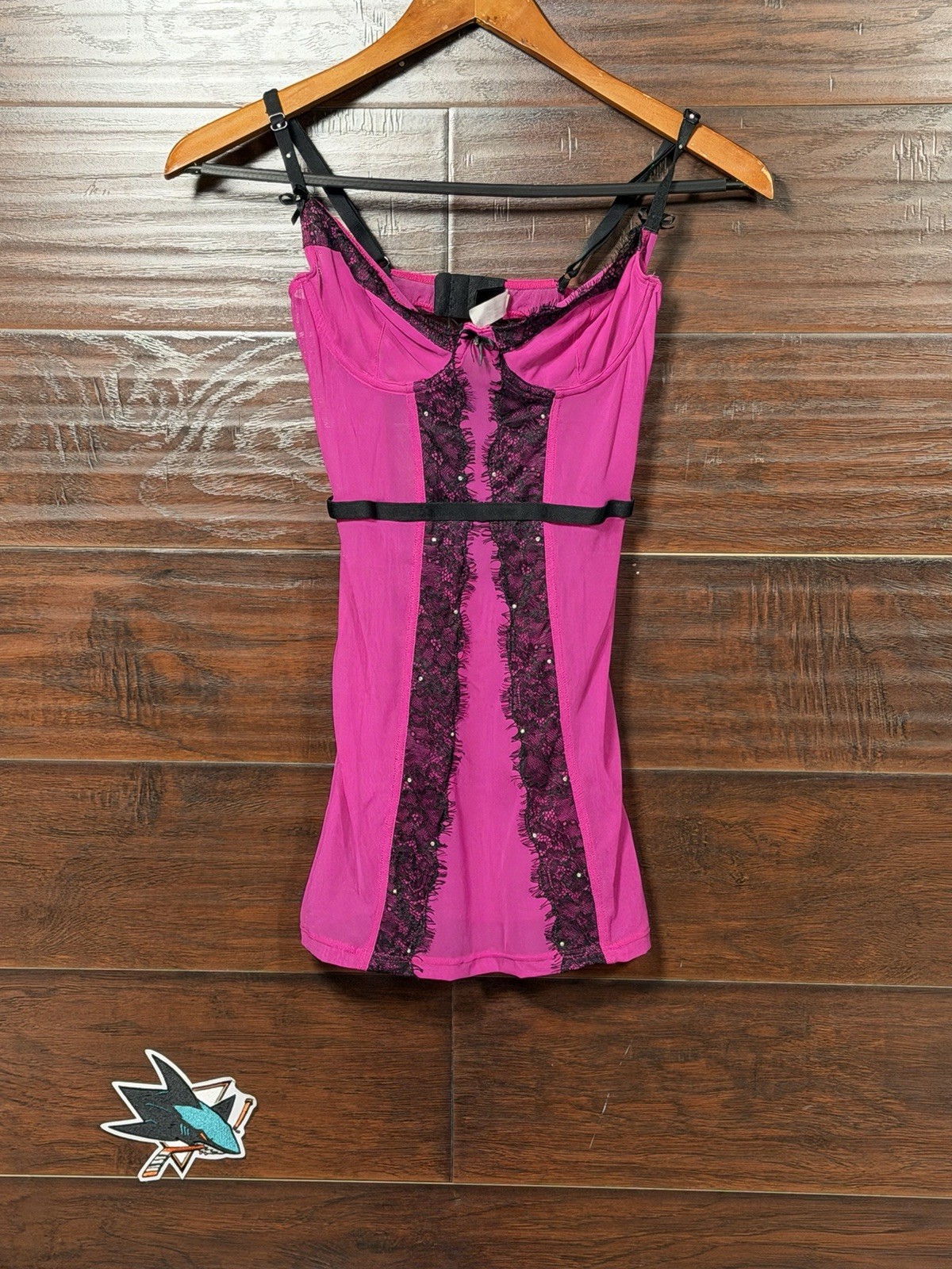 Fredericks of Hollywood Small Y2K Vtg Slip Dress Hot Pink Black Mesh Lingerie