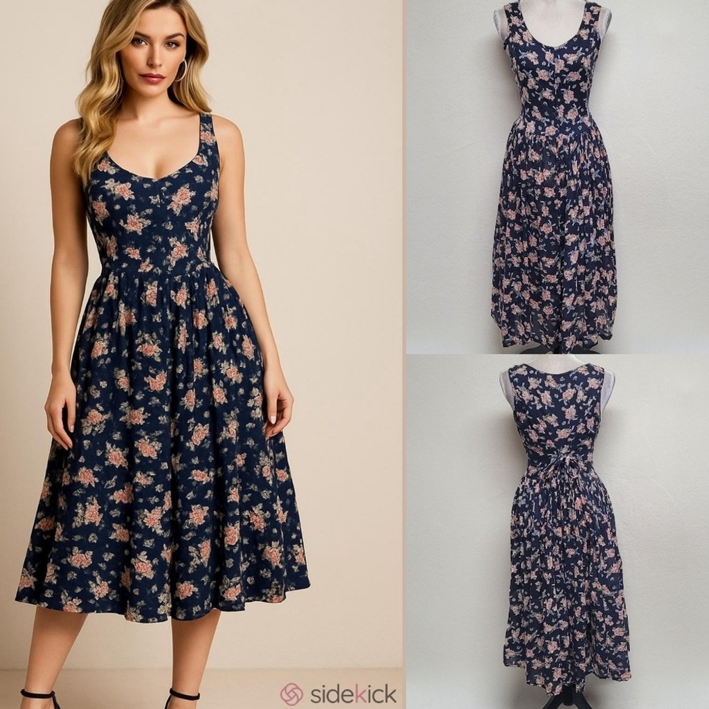 1970s Vintage Sita Blue Pink Floral Scoop Neck Tie-Waist Fit & Flare Midi Dress