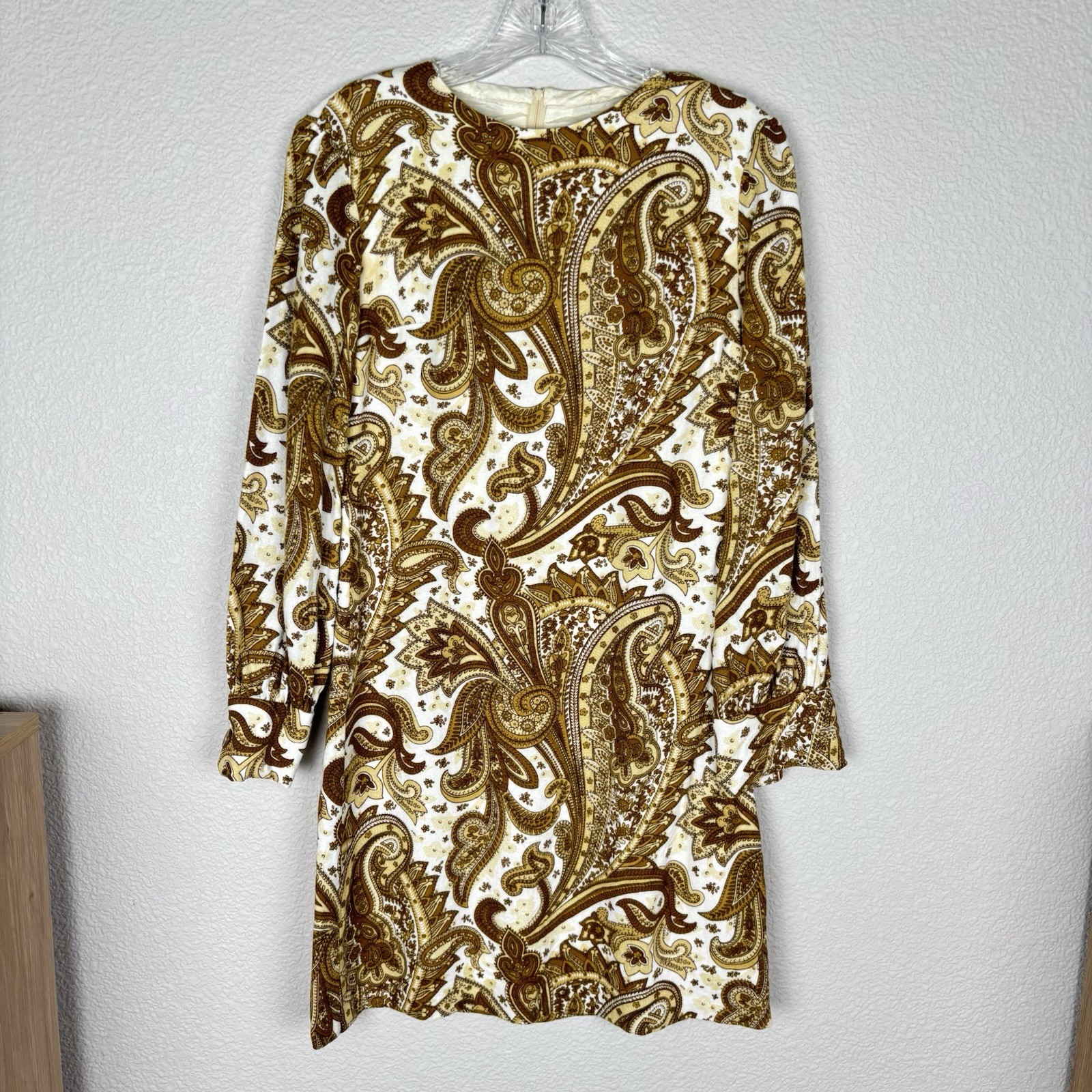 Vtg Dress Small Paisley Long-Sleeve Mini Dress Cream and Brown Vintage 60s 1960s