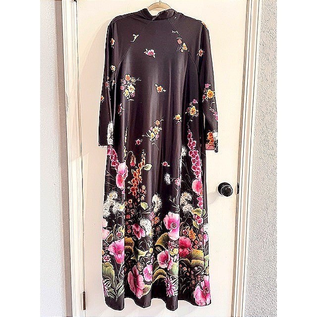 Vintage NPC Fashions Brown Floral Caftan Maxi Day Dress/ House Coat 70’s Groovy