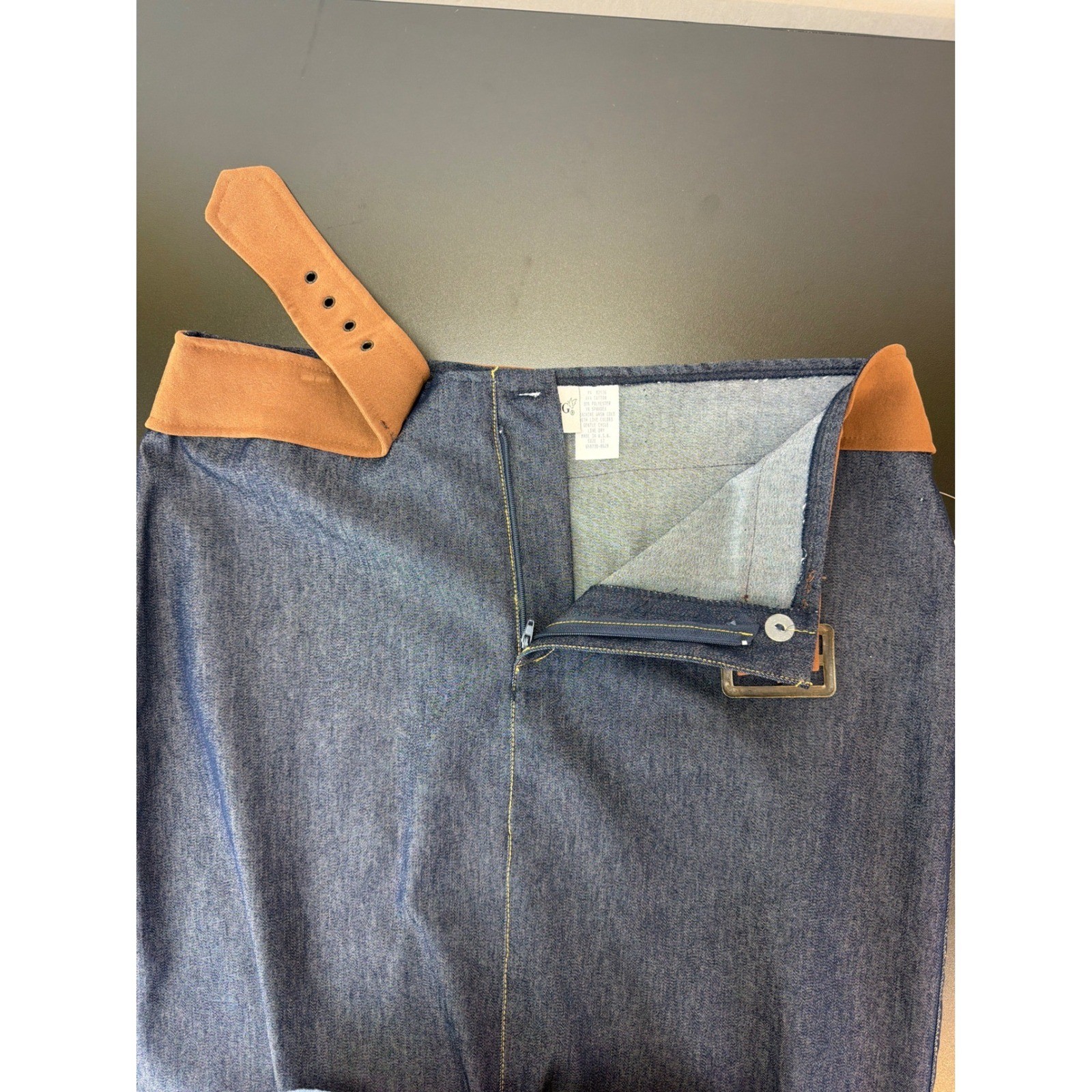 Vtg Fashion Bug Stretch Maxi Denim Pencil Skirt 12 Faux Belt Look Made in USA