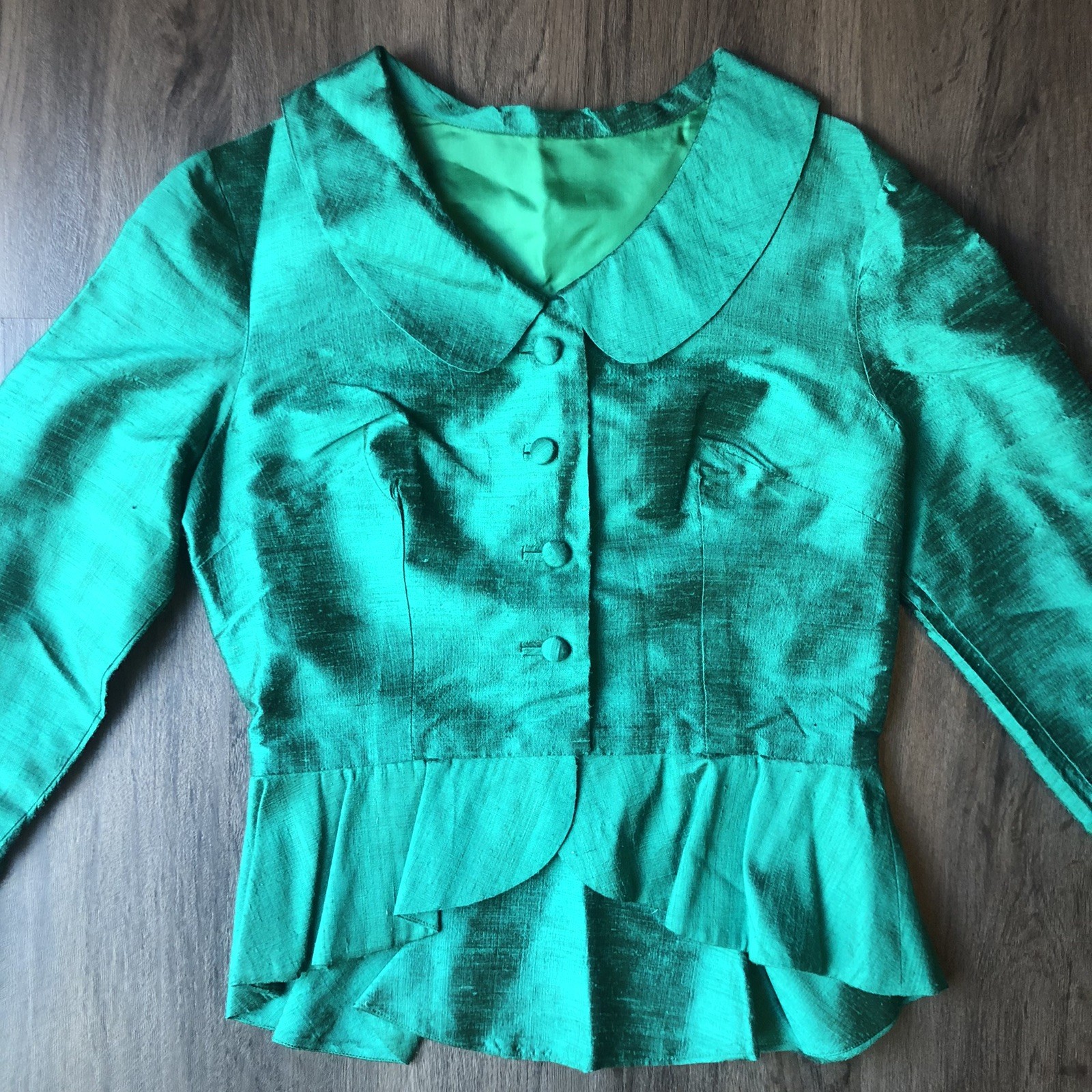 VTG Handmade Peplum Blouse Top Womens 34 Emerald Green Silk Dupioni Retro Glam