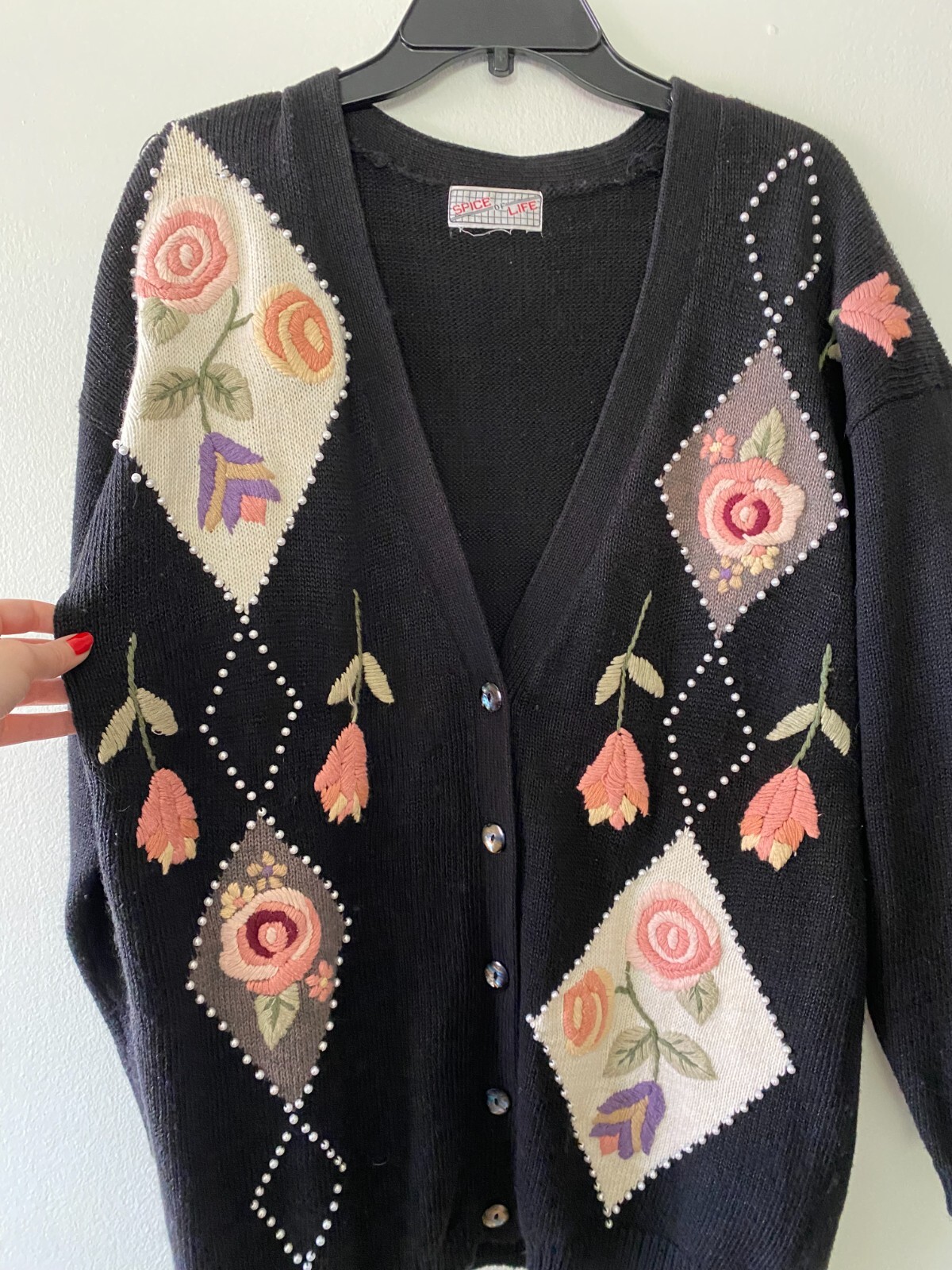 Vtg 1980s Spice of Life Black and Rose Cardigan Pearl Floral Cottagecore Large