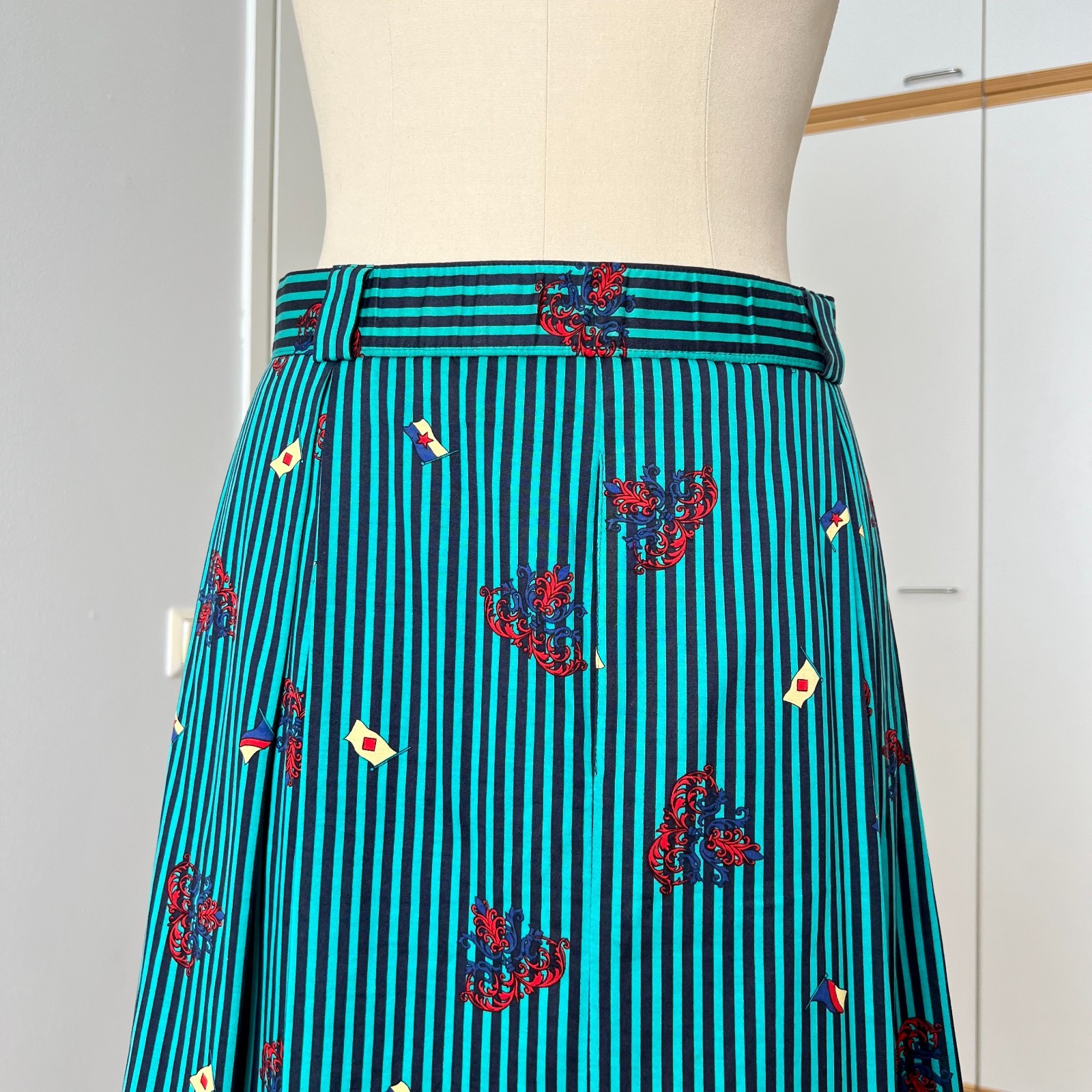 1980s BLEYLE Cotton Pleated High Waist Midi Skirt Preppy Summer Striped Aline 38