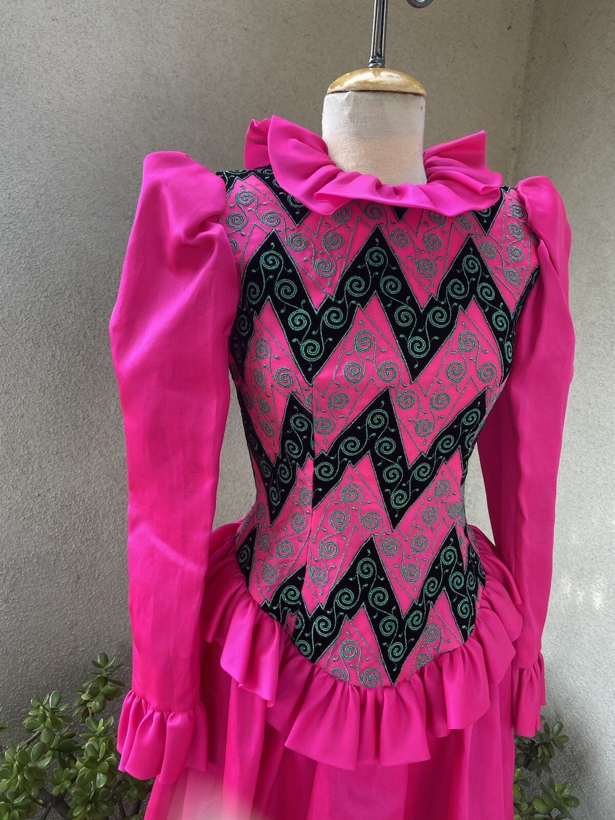 Vtg Amen Wardy designer neon chiffon dress ruffles embroidery XS/S P
