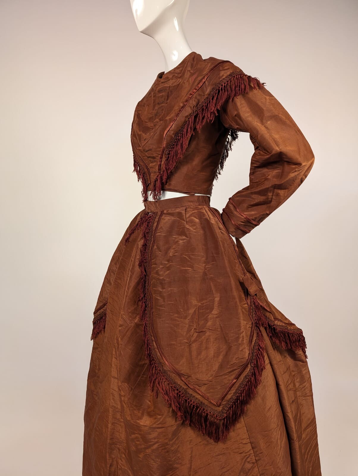 POST CIVIL WAR LATE 1860’S 3 PC BROWN SHINING SILK DRESS W FRINGE