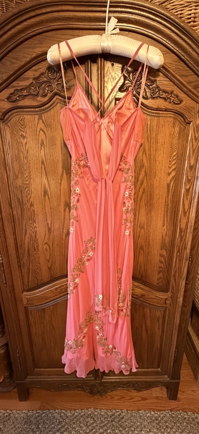 Vintage 90s Scala Coral Salmon Silk Beaded Mermaid Gown-M/L