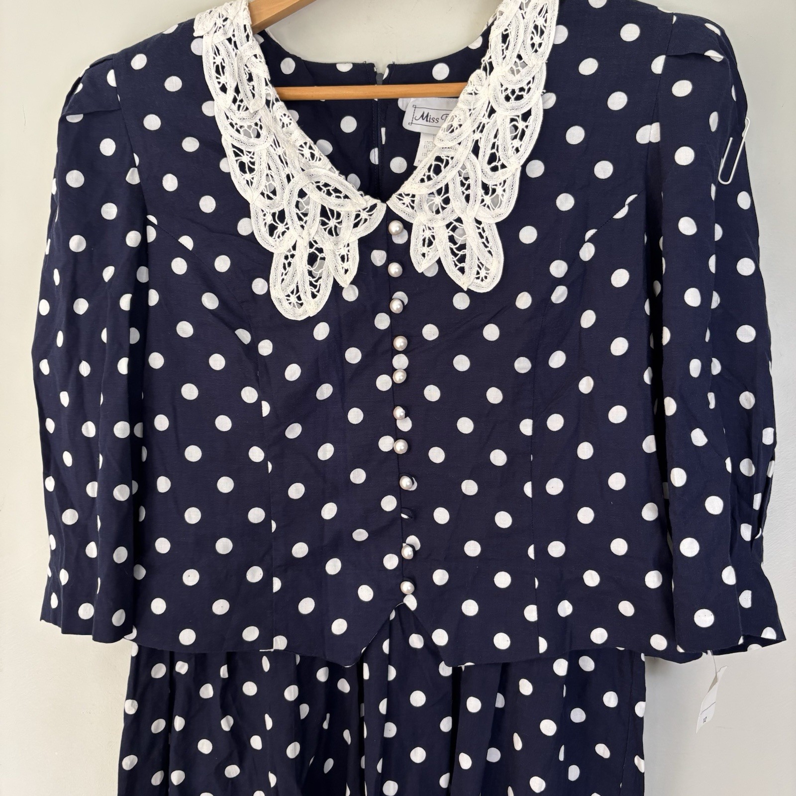 VTG 1980s Miss Dorby Polka Dot Maxi Dress-Lace Collar-Size 12P-NWT-Cottagecore