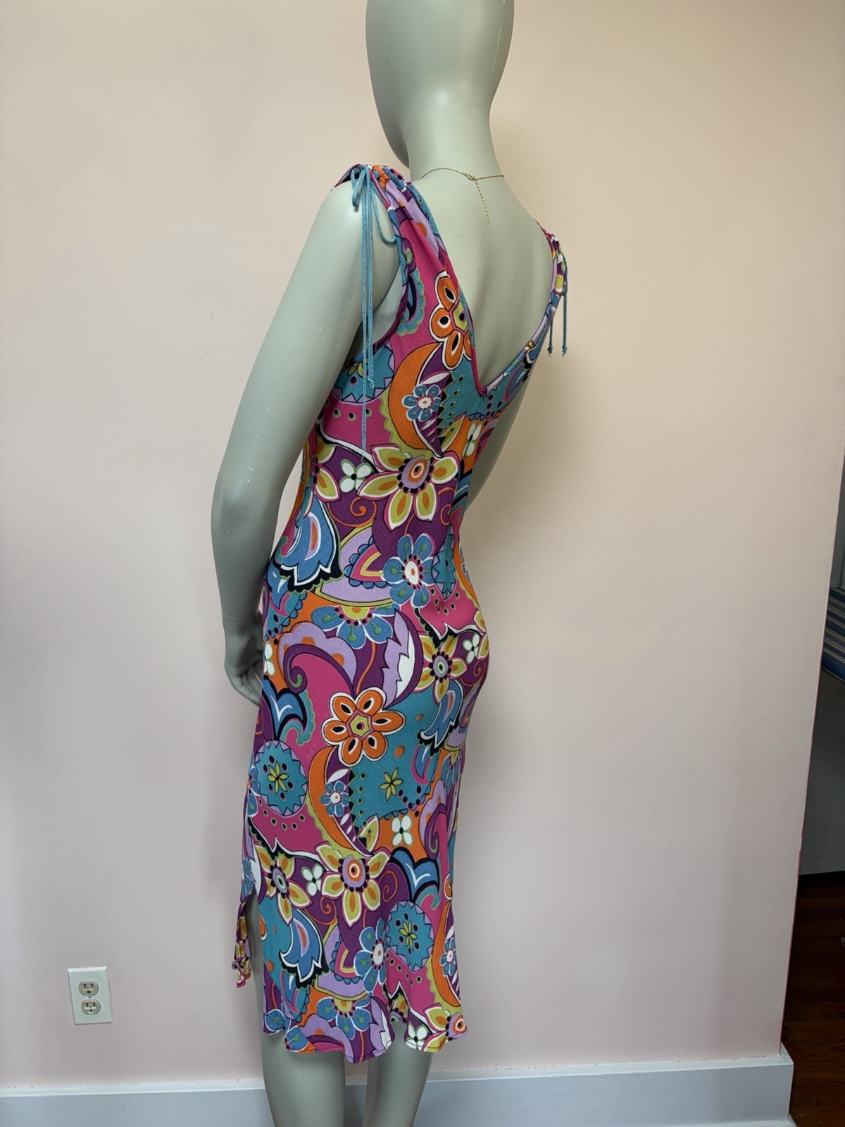 Vintage 90s Angie Psychedelic Bias Cut Rayon Floral fairy India Midi Dress S