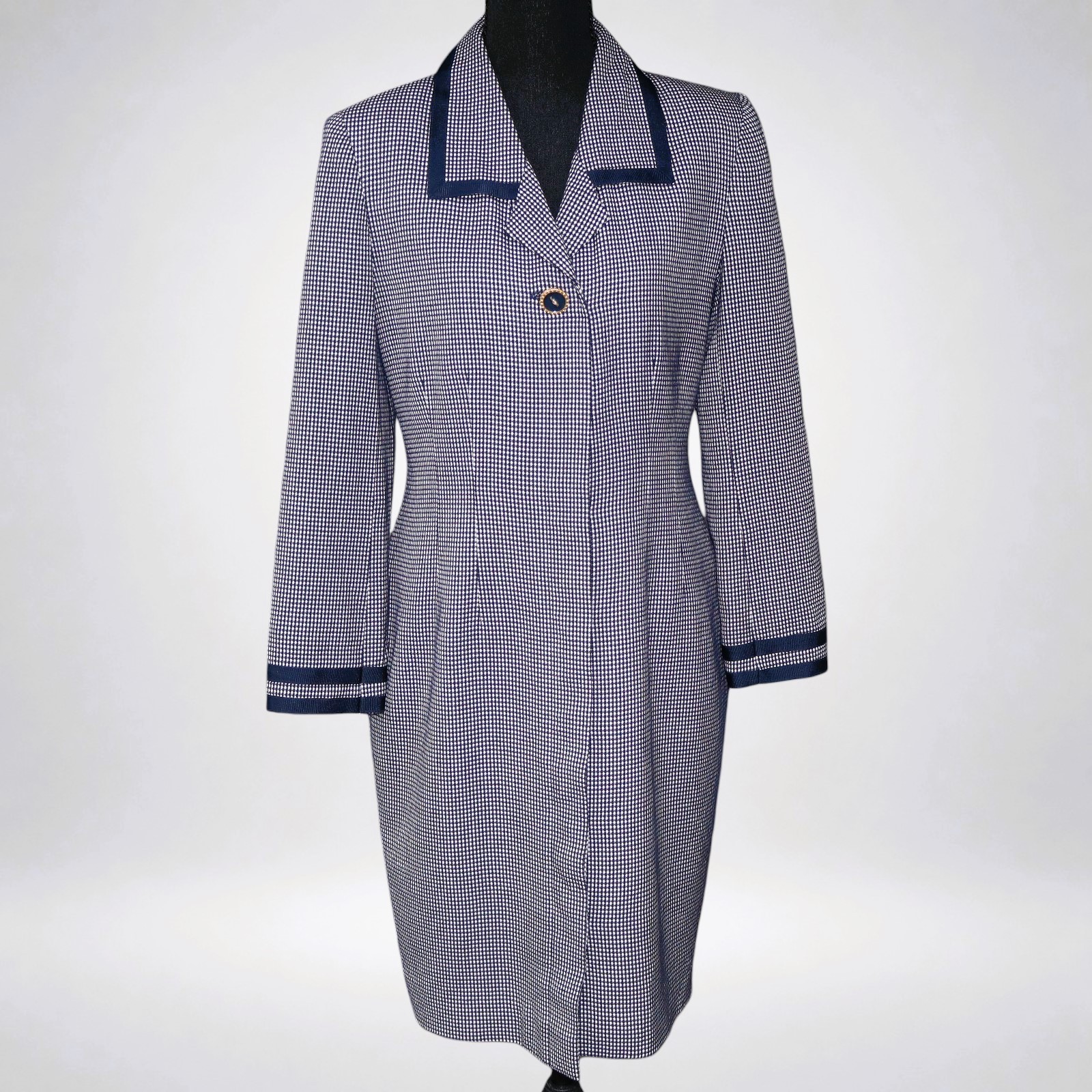 Vintage Liz Claiborne Petite Dress Navy White Micro Check Contrast Trim Size 6P