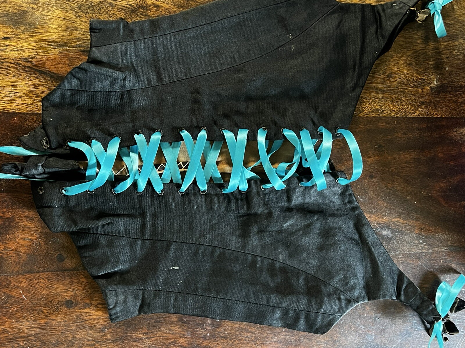 Antique 1930s Black Silk Corset Lace Up Boning Top VTG Bustier Steampunk Gothic