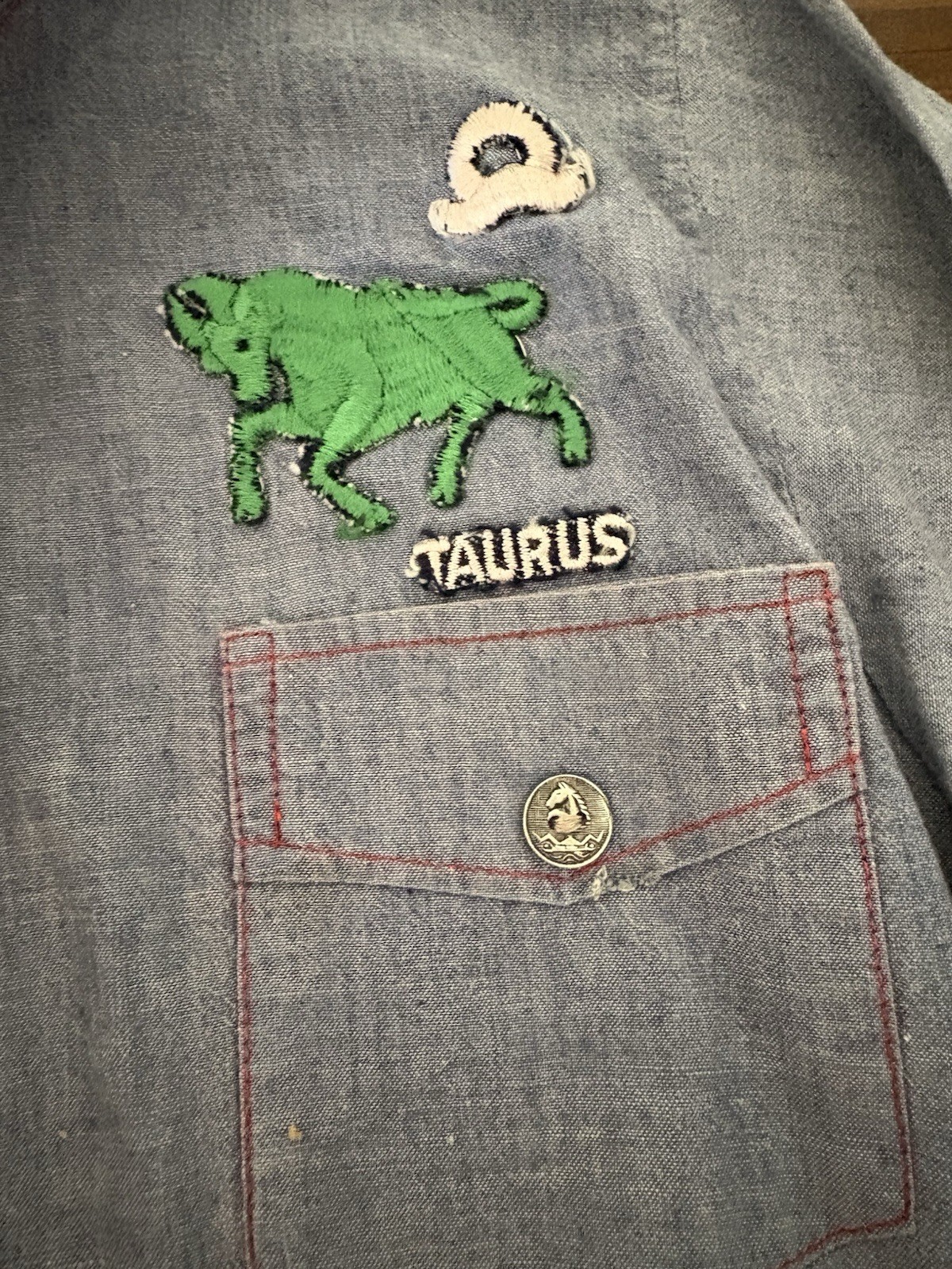 Vintage 1970s Denim Chambray Flower Butterfly “N” Taurus Shirt