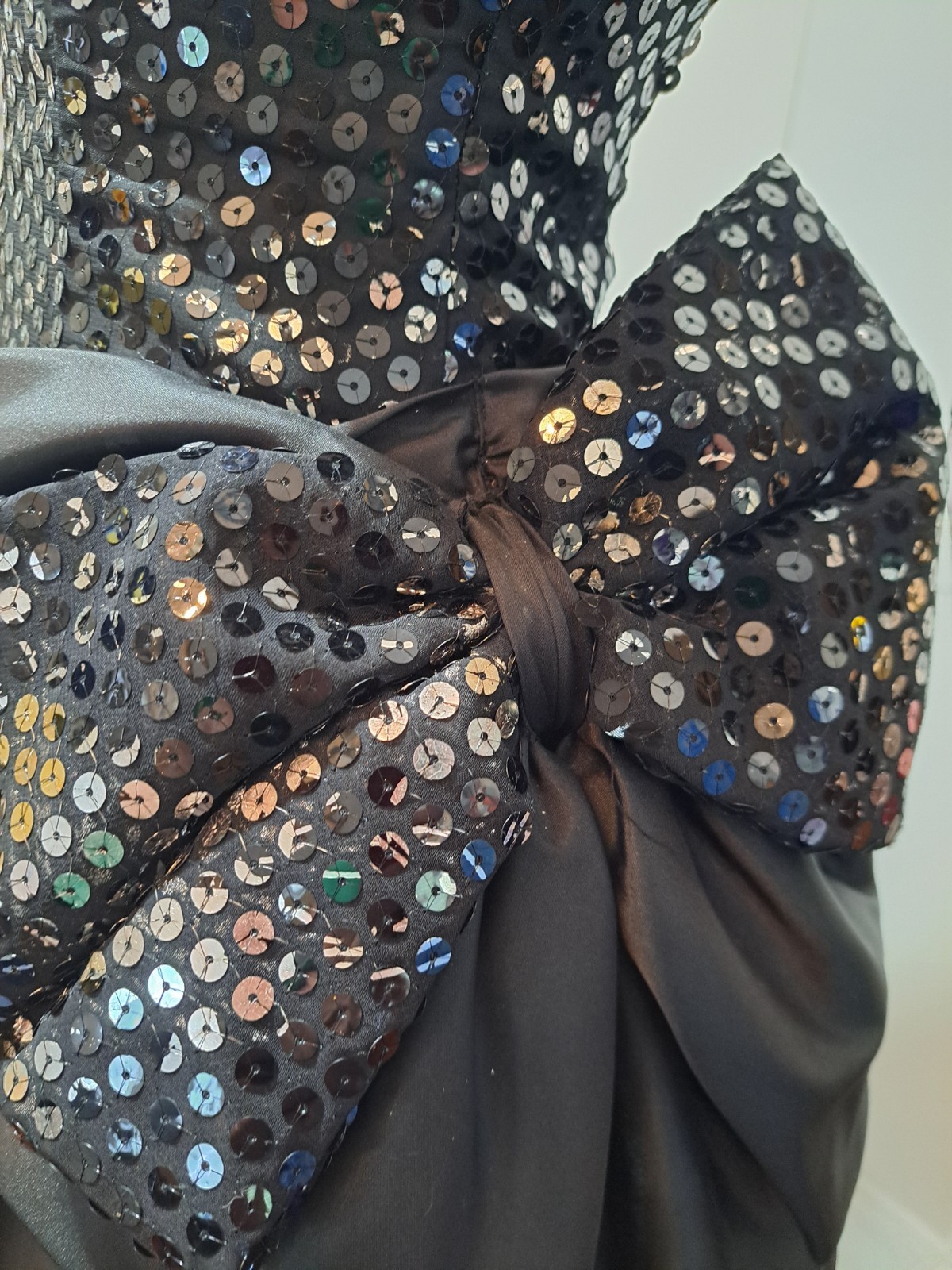 VTG 1980s Black SEQUINED BIG BOW Asymmetrical Hem Strapless PROM PARTY DRESS 5/6