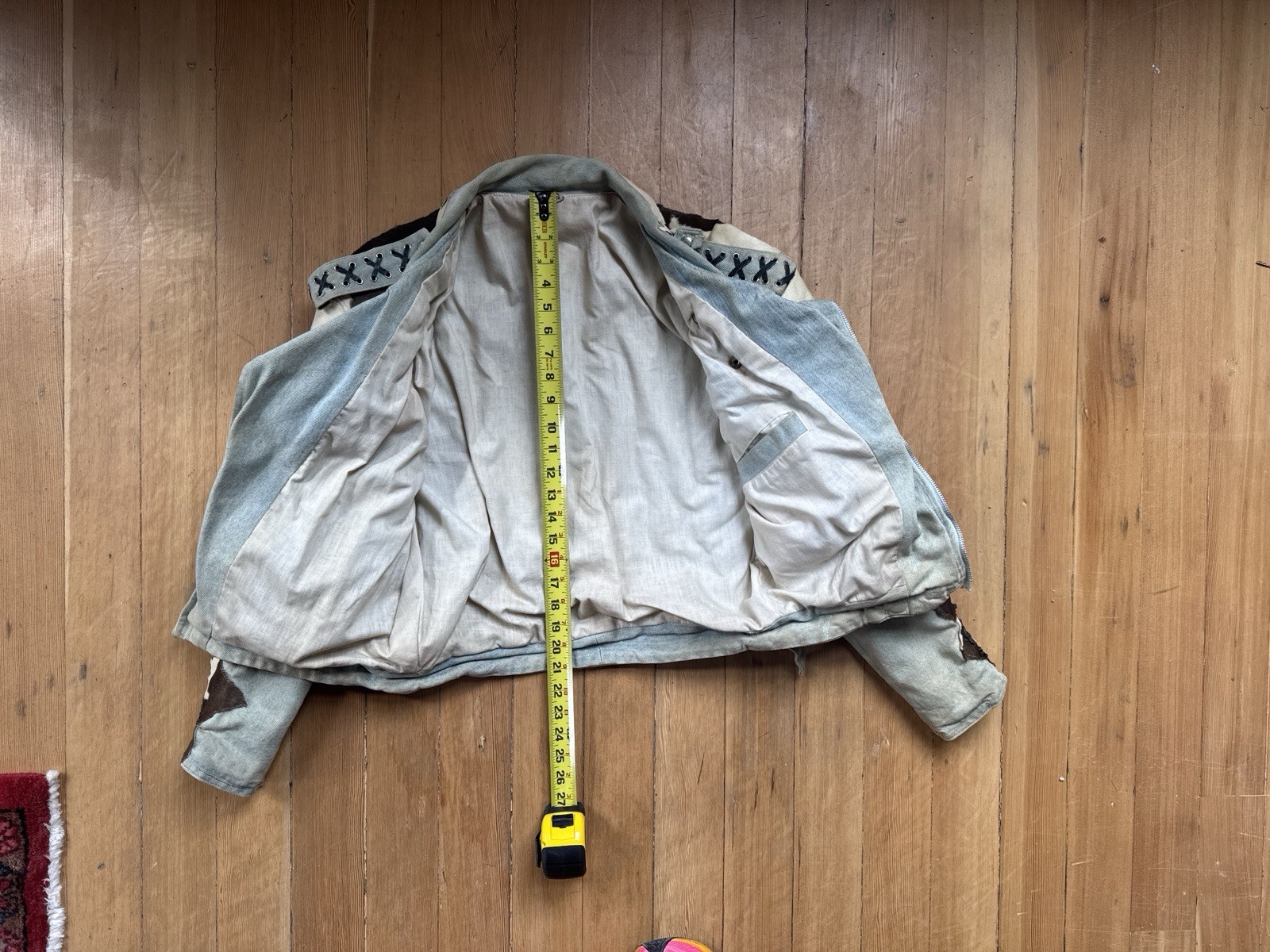 vintage Jeff Hamilton distressed denim and cowhide leather zip-up bomber