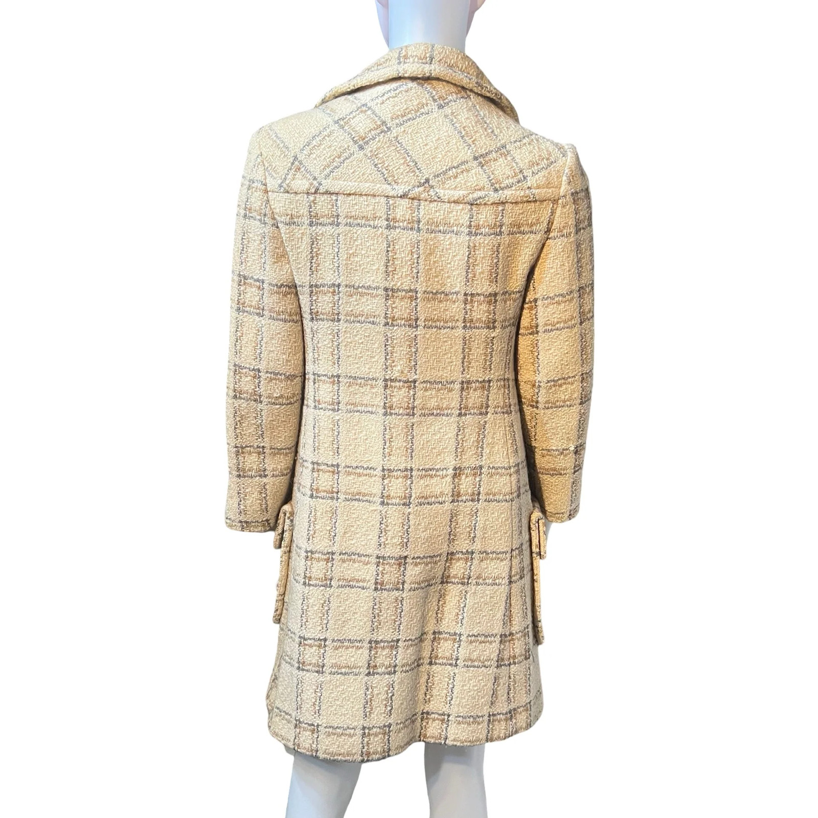 Vintage 1950s Cream Winter Coat Plaid Double Breasted VTG 50s Classic Jacket S