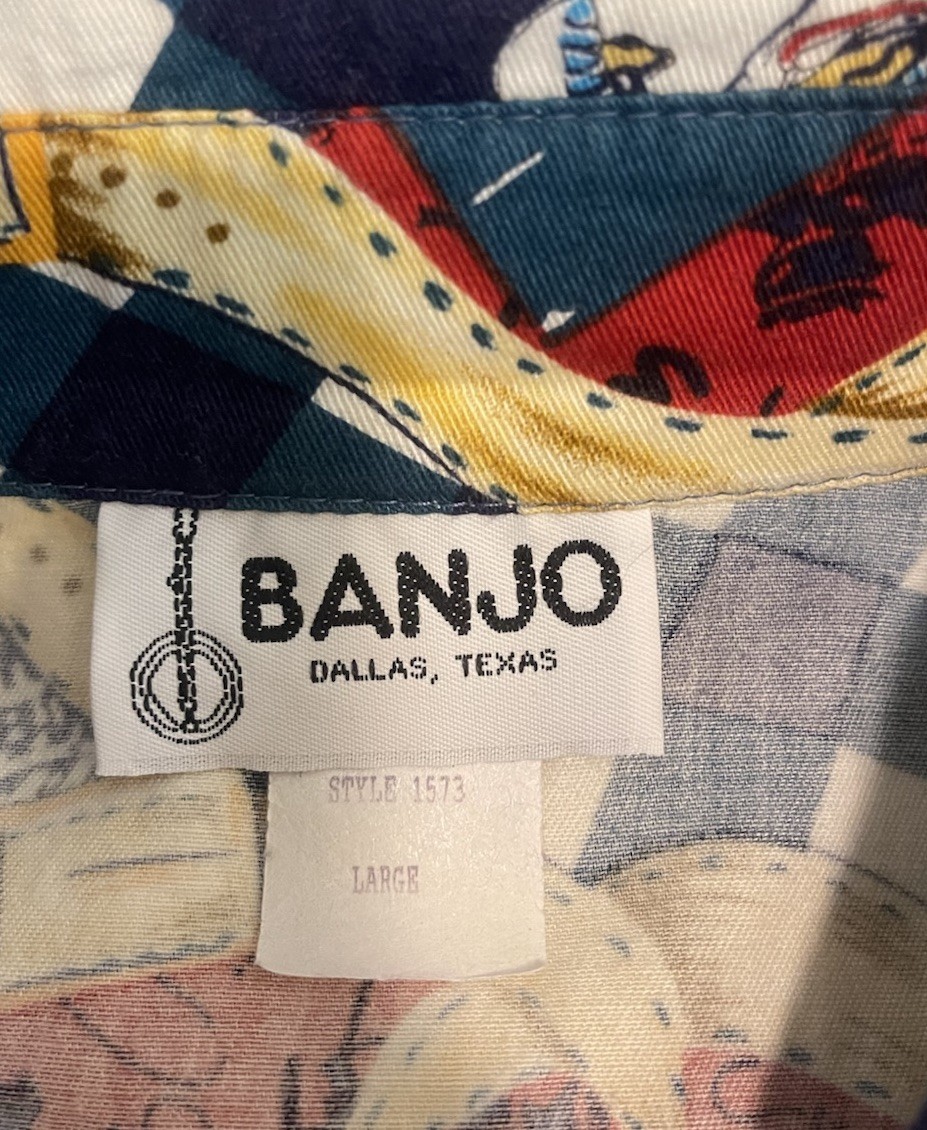 VINTAGE 90S BANJO WESTERN CROP TOP Cowboy Pearl Snap Tie Front Sz L EUC