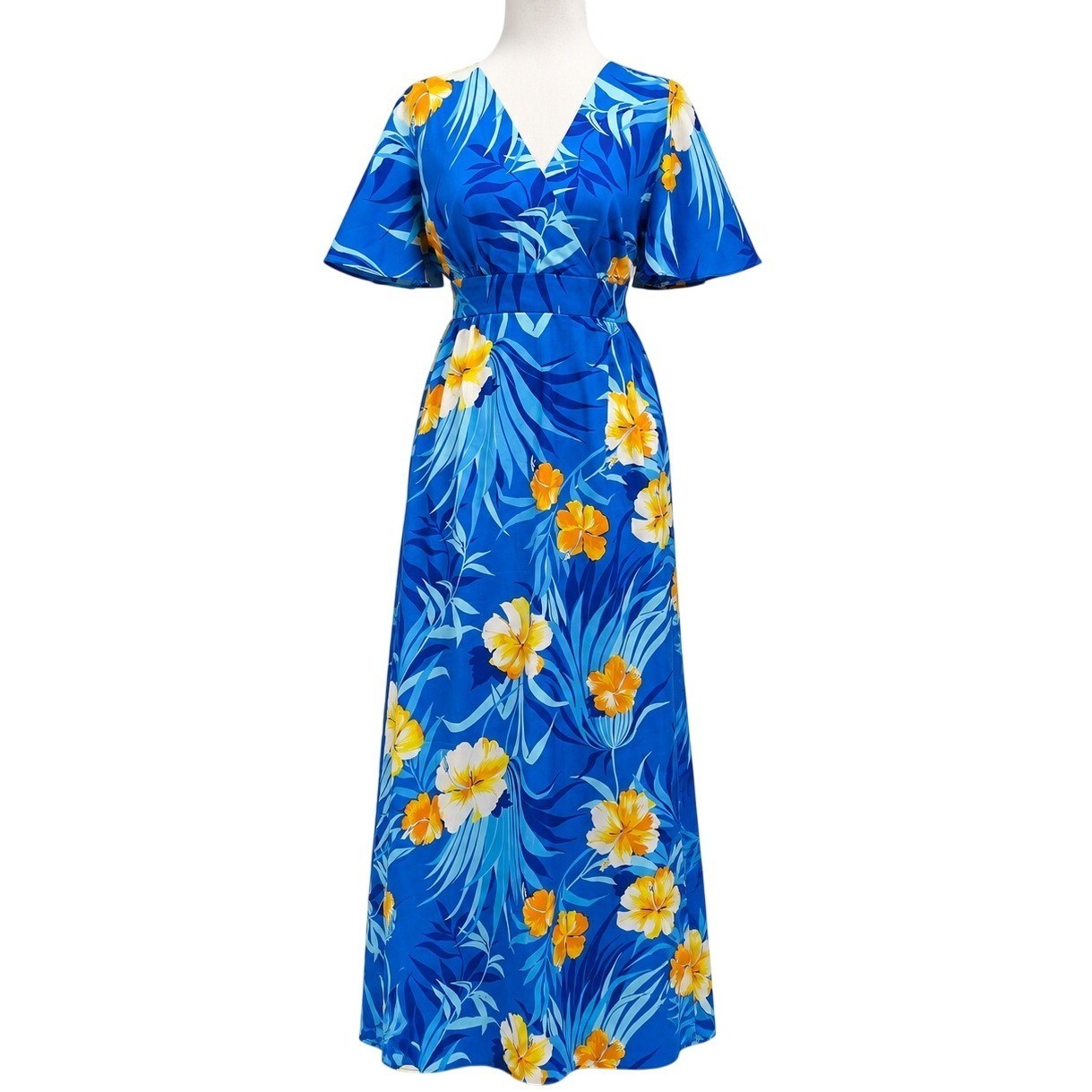 Vintage Hawaiian Maxi Dress Blue Tropical Hibiscus Floral Flutter Sleeve Tiki