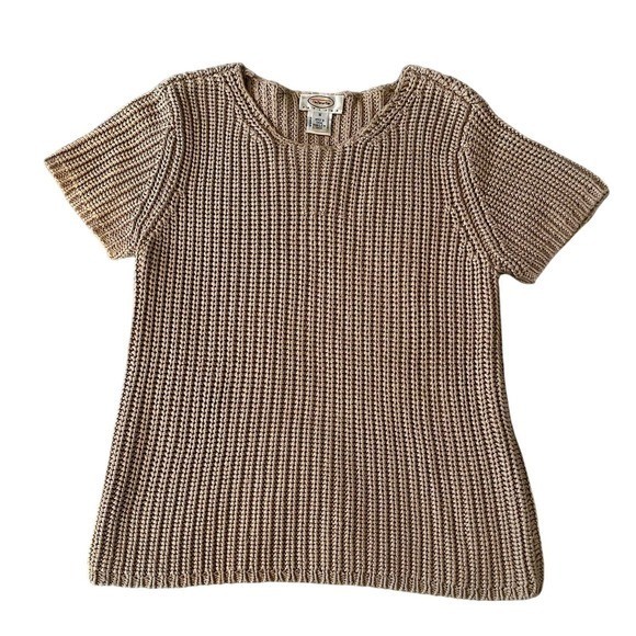90s Cottagecore Talbots Women’s Top Short Sleeve V-Neck Casual Everyday Taupe M