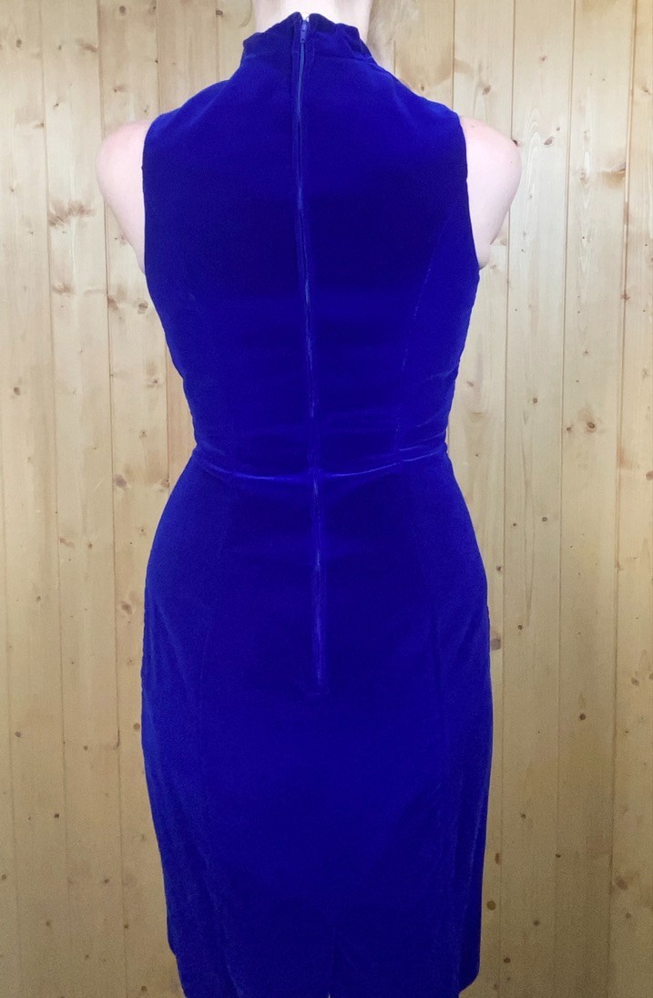 VTG 80s Late Edition Sapphire Blue Velvet Sheath Dress Vamp Collar Size 8