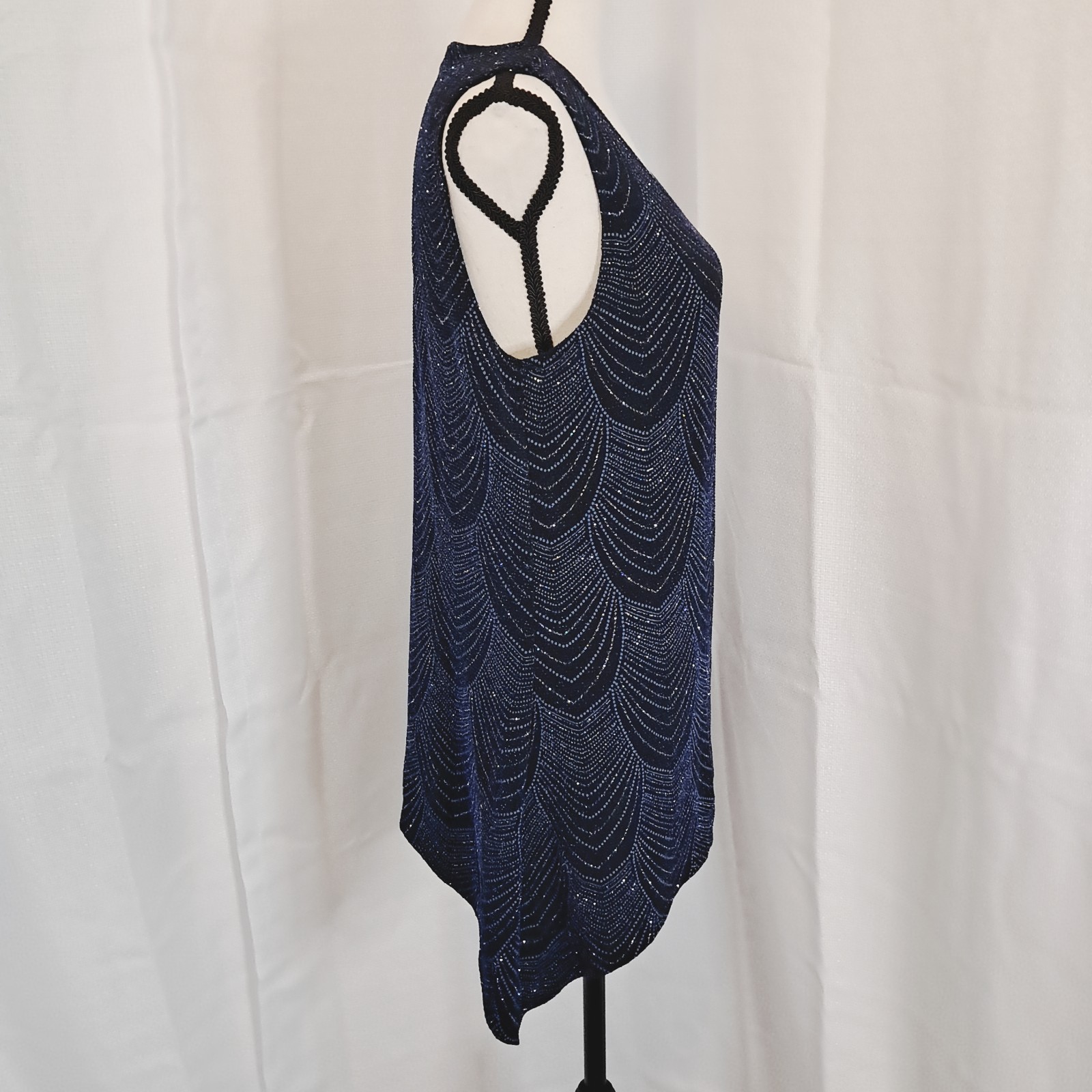 Vtg 90s Onyx Nite Navy Silver Glitter Texture Asymmetrical Hem Party Blouse Sz M