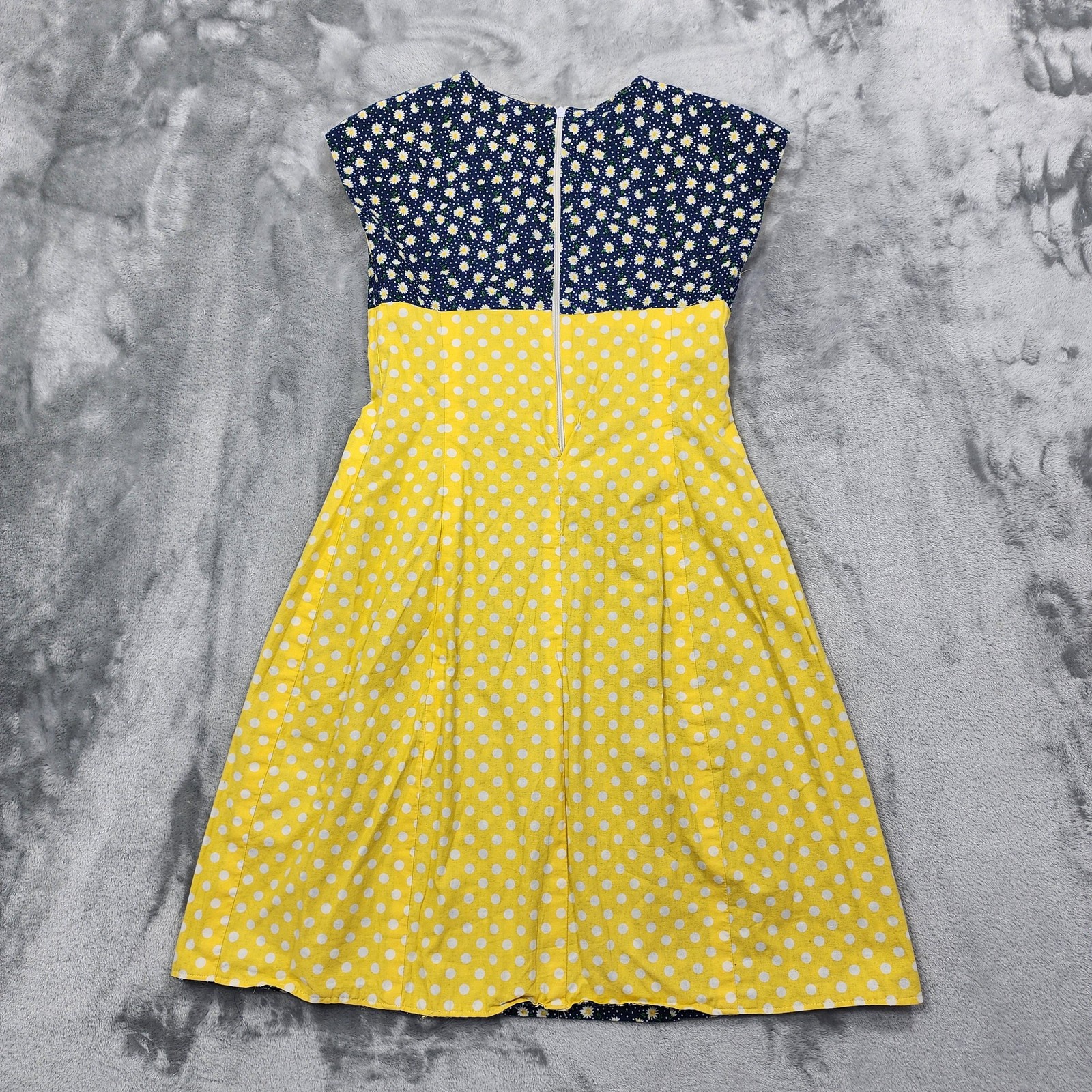 Vintage Dress Women XS Blue Yellow Floral Polka Dot Cotton Mini Cap Sleeve Daisy