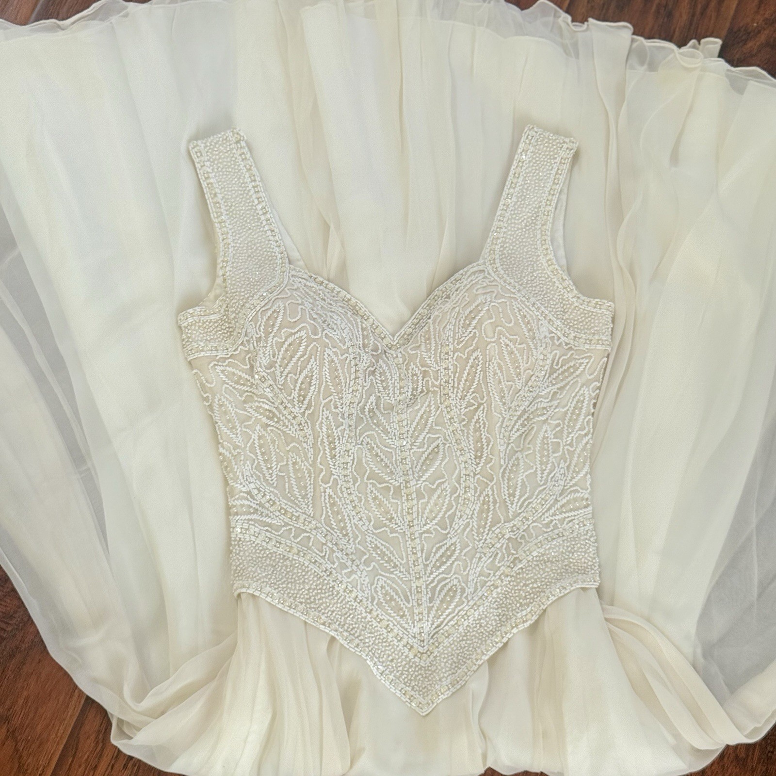 Vintage 100% Silk Cream Maxi Wedding Dress Bridal Wearable Art 80s Pearls Beaded
