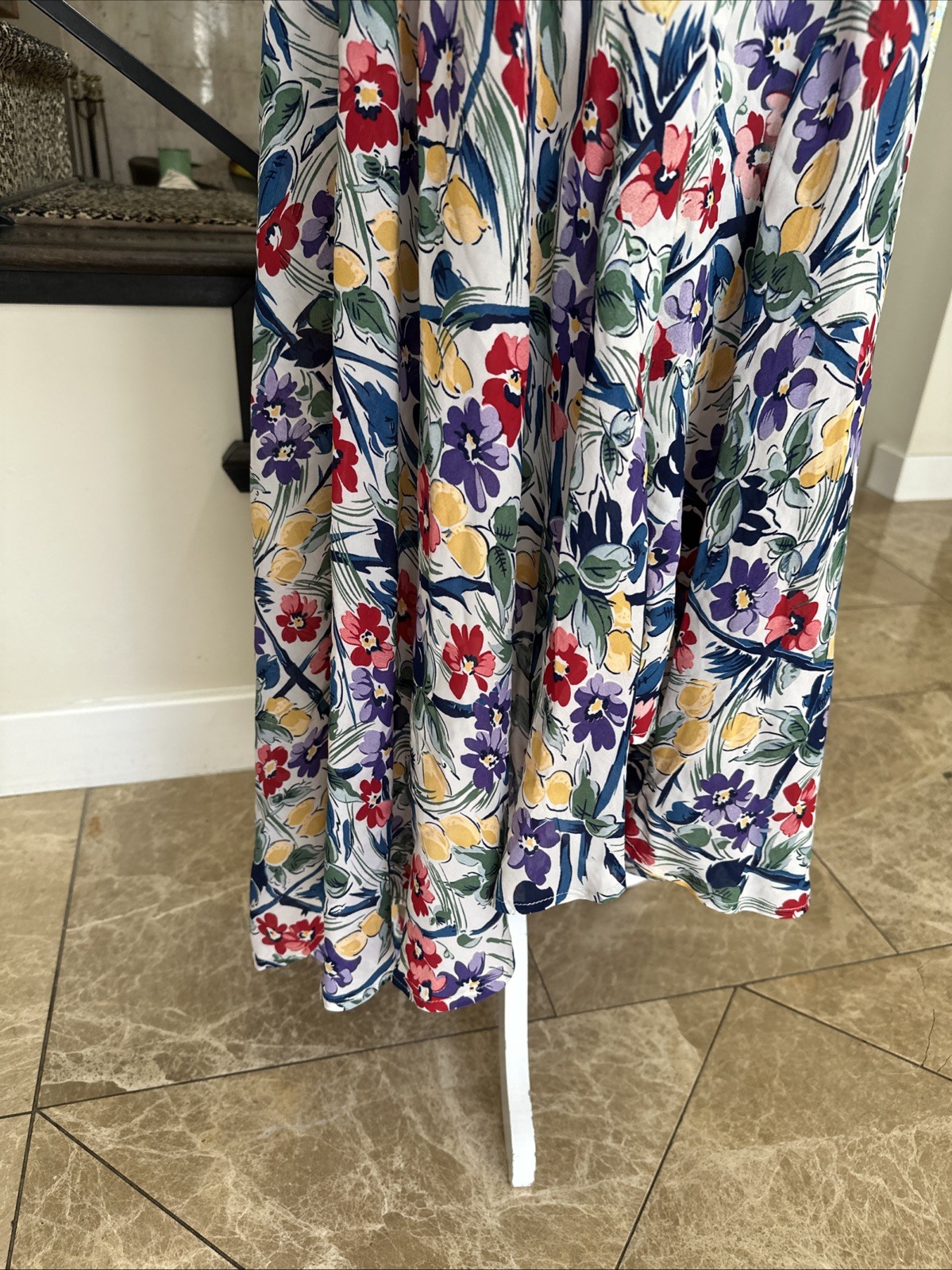 Norma Kamali 80s Floral Print Rayon High Low Long Dress Pussy Bow Keyhole Neck S