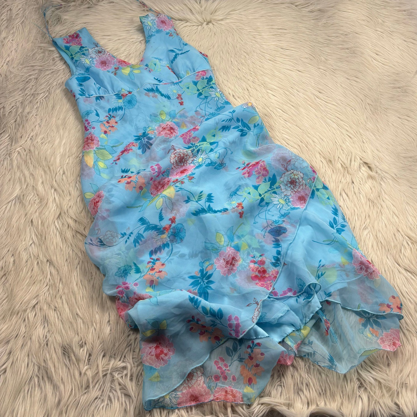 Vintage 90’s Y2K La Belle Women’s S Blue Floral Sheer Layered Hem Midi Dress
