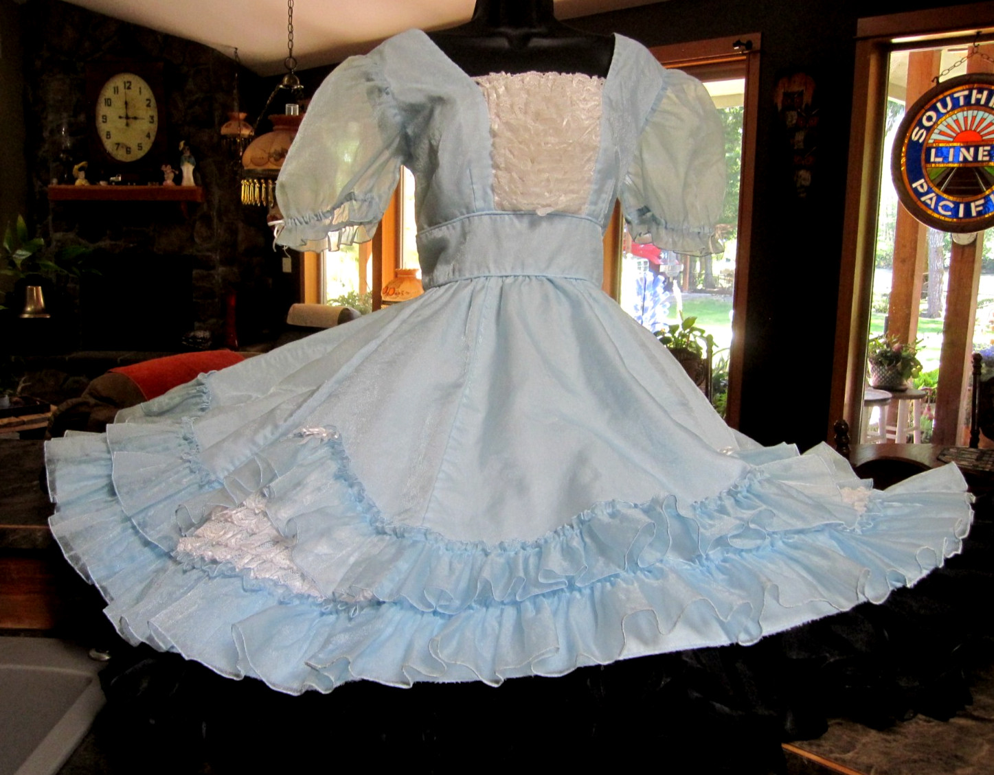 Vtg SQUARE DANCE PRAIRIE DRESS Blue Organza Ruffles Rows of White Lace Sz 12/14