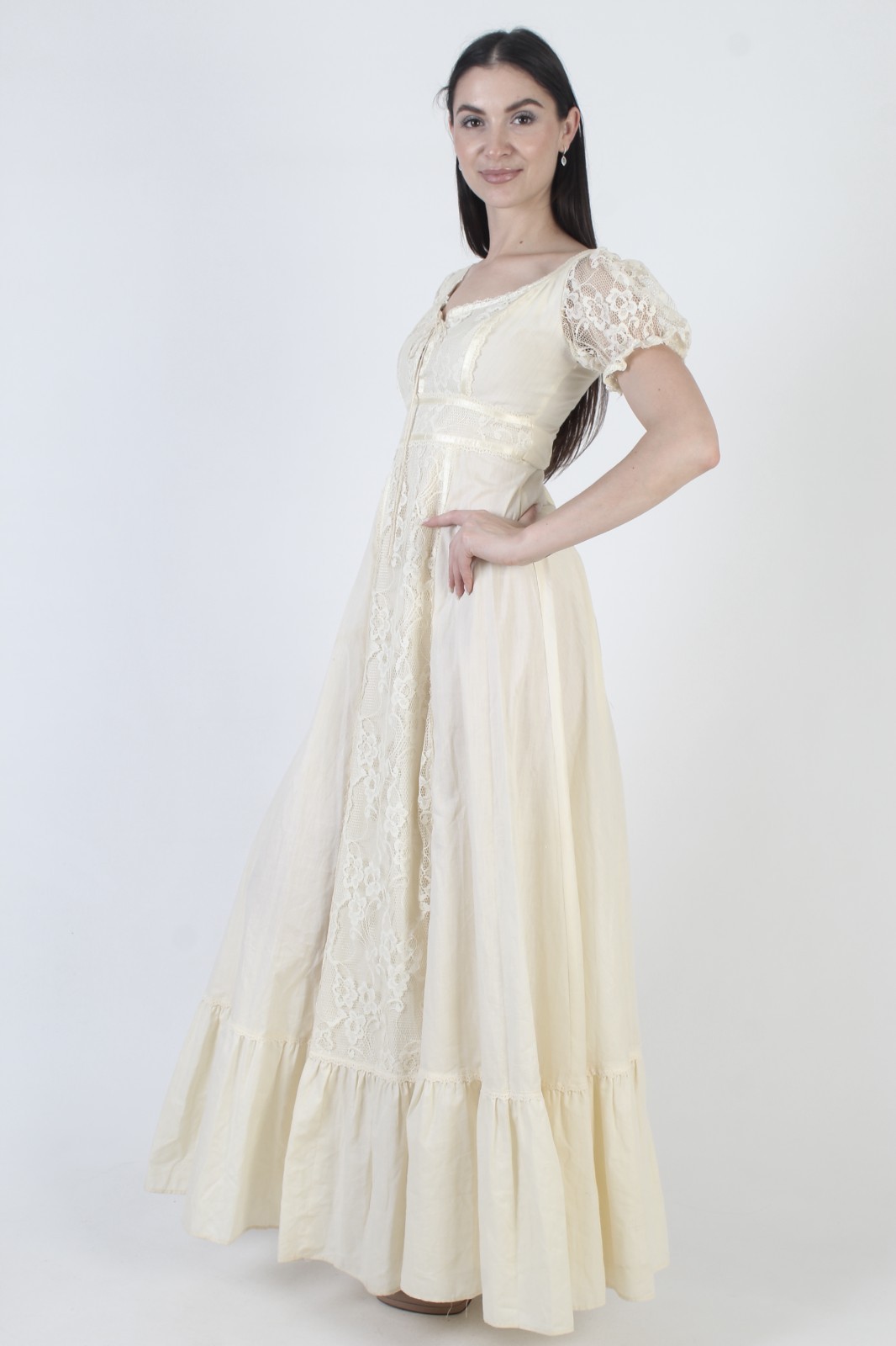 Vtg 70s Cream Prairie Dress Lace Up Corset Cottage Peasant Sheer Slv Boho Gown