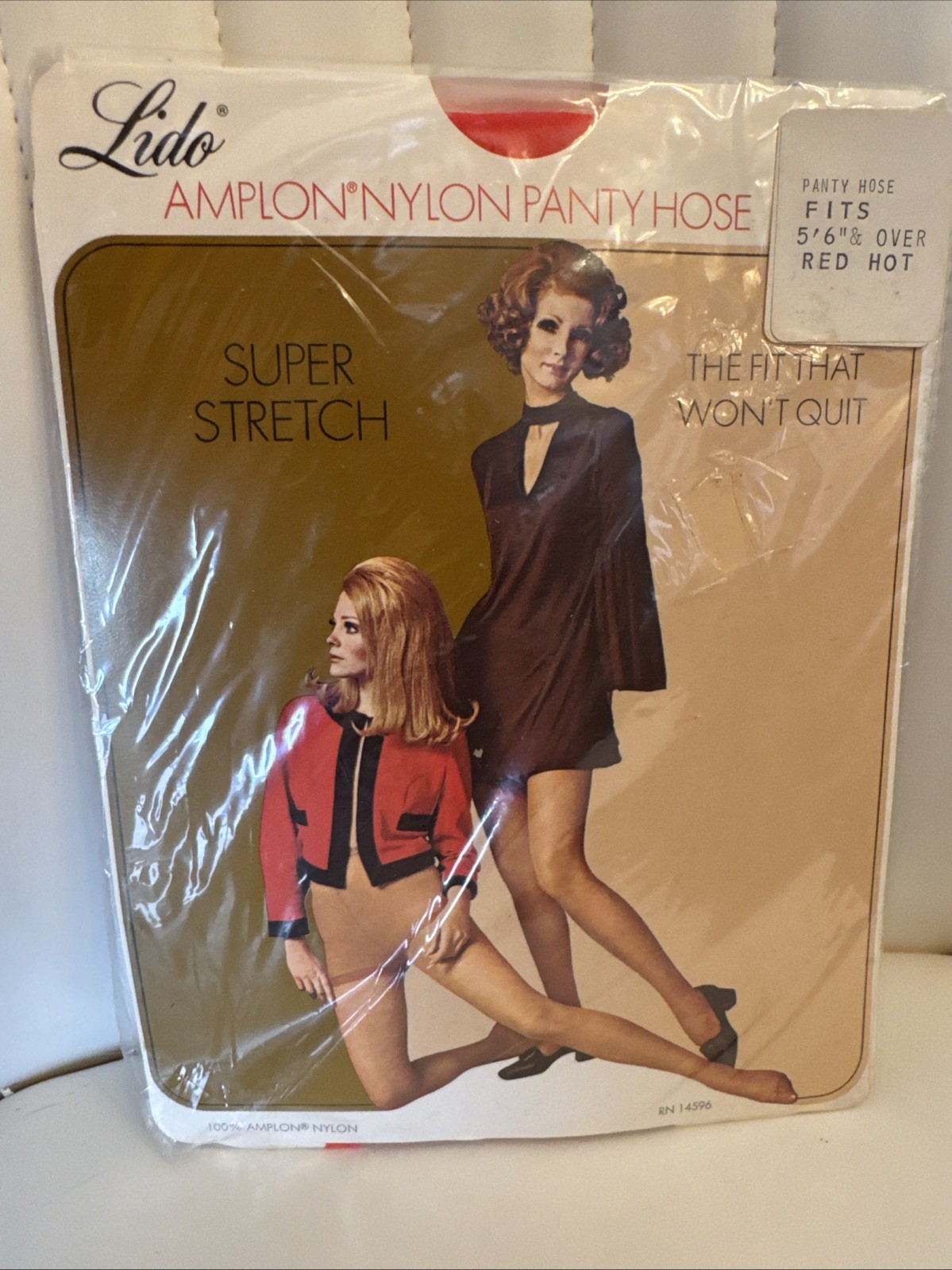 Vintage RED HOT Lido Amplon Nylon super Stretch Panty Hose 5’6” & Over 1960’s ED
