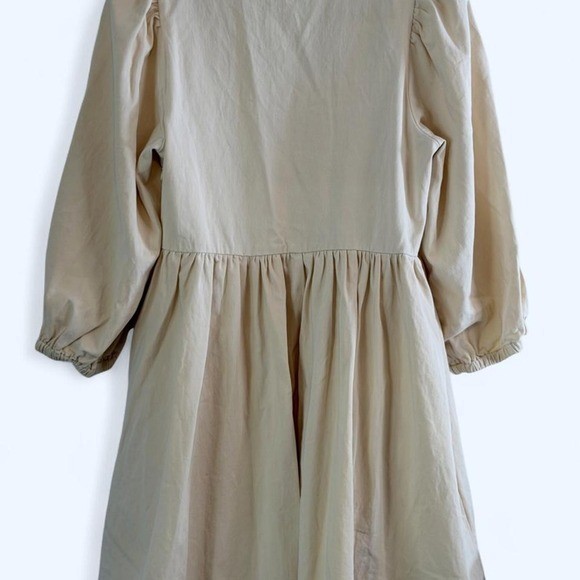 Romantic Peasant Cotton Mini Dress Cream Size M with Ties and Puff Sleeves