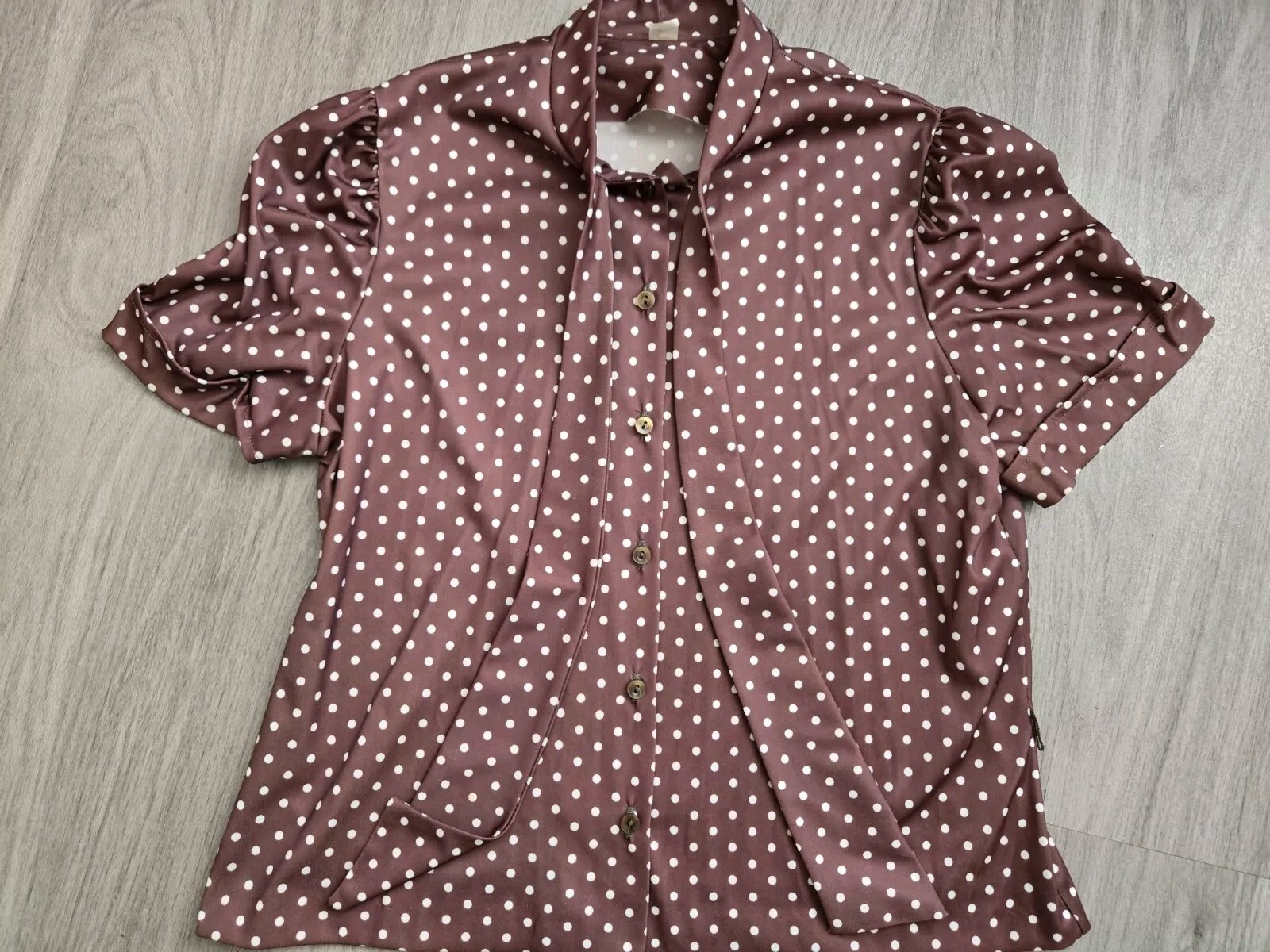 Womens Vintage 1970s Brown Polka Dot Blouse Sz M/L