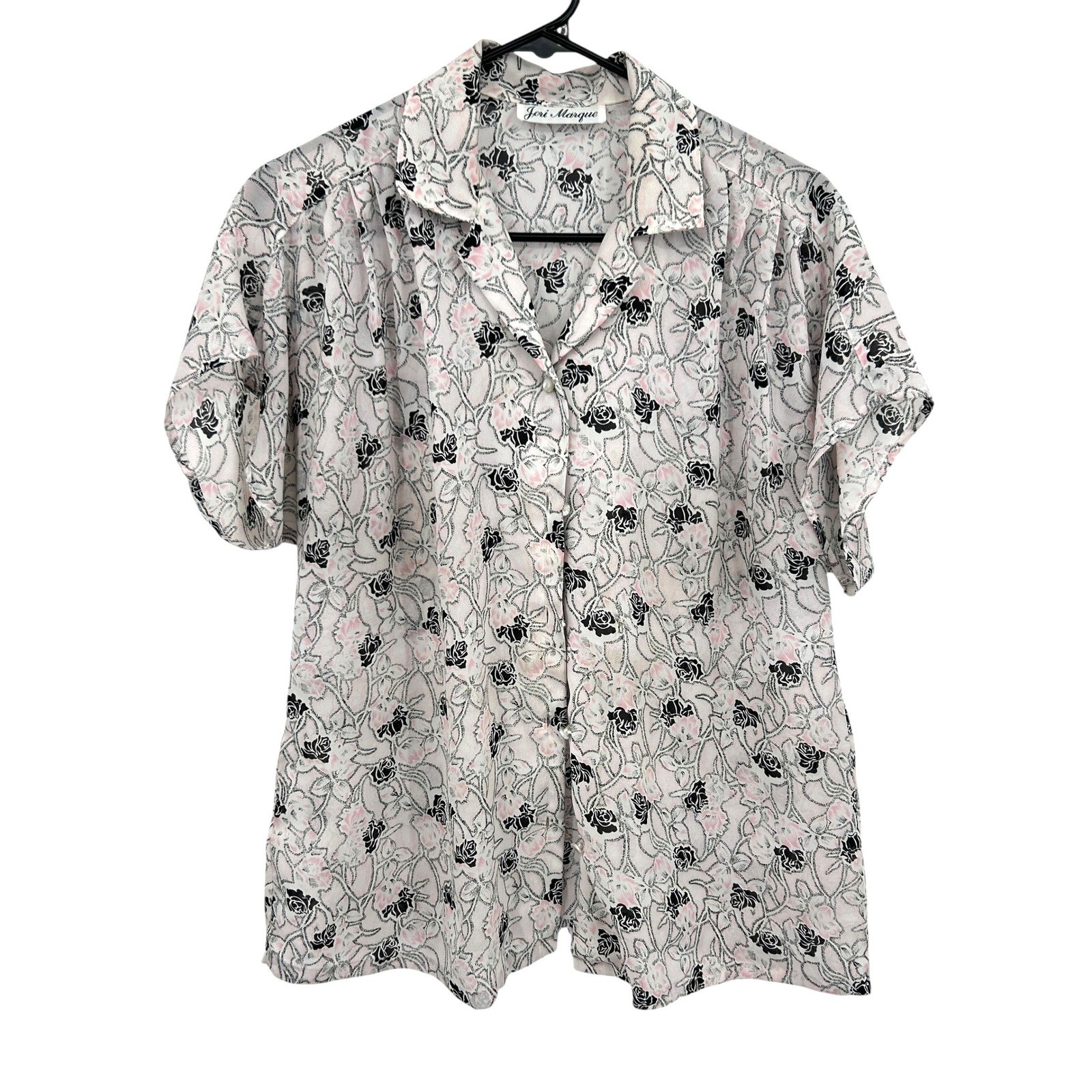 Vintage Floral Button Blouse Large White Pink Roses Soft Girl Cottagecore