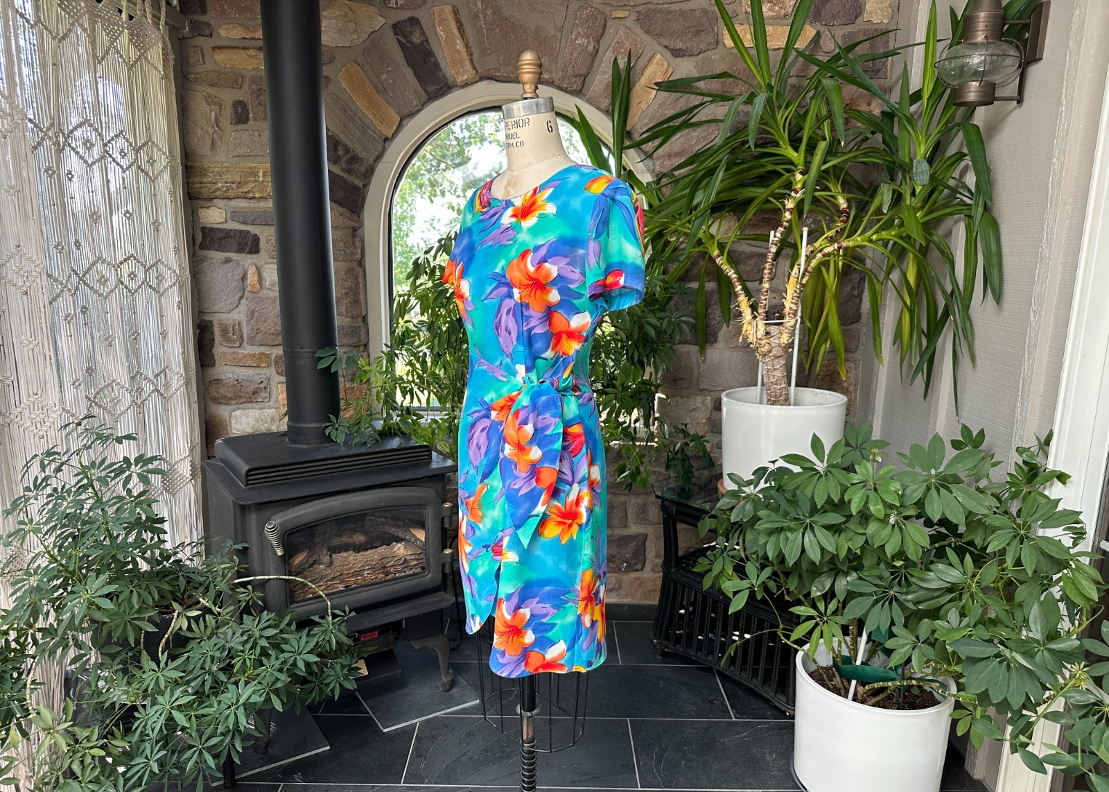 Vintage 1990s Blue and Orange Rayon Floral Sarong Style Dress K C Spencer