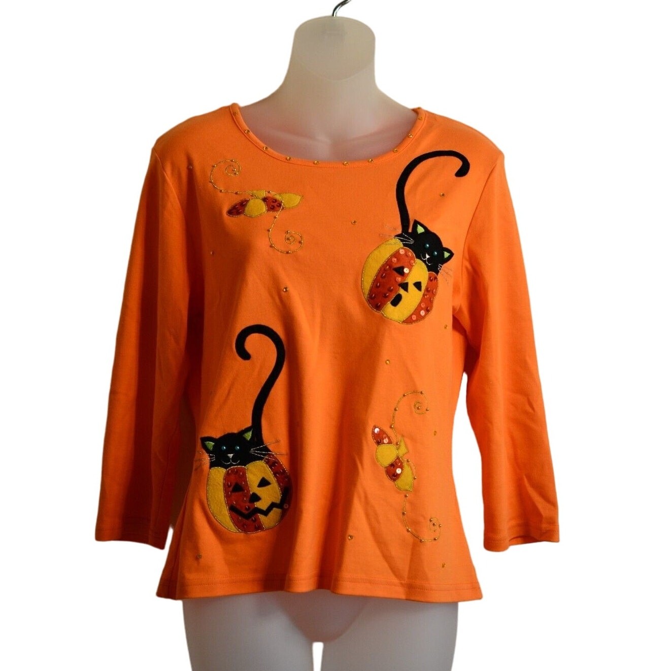 Jack B. Quick M Top Halloween Black Cat Pumpkin Orange Sequin 100% Cotton