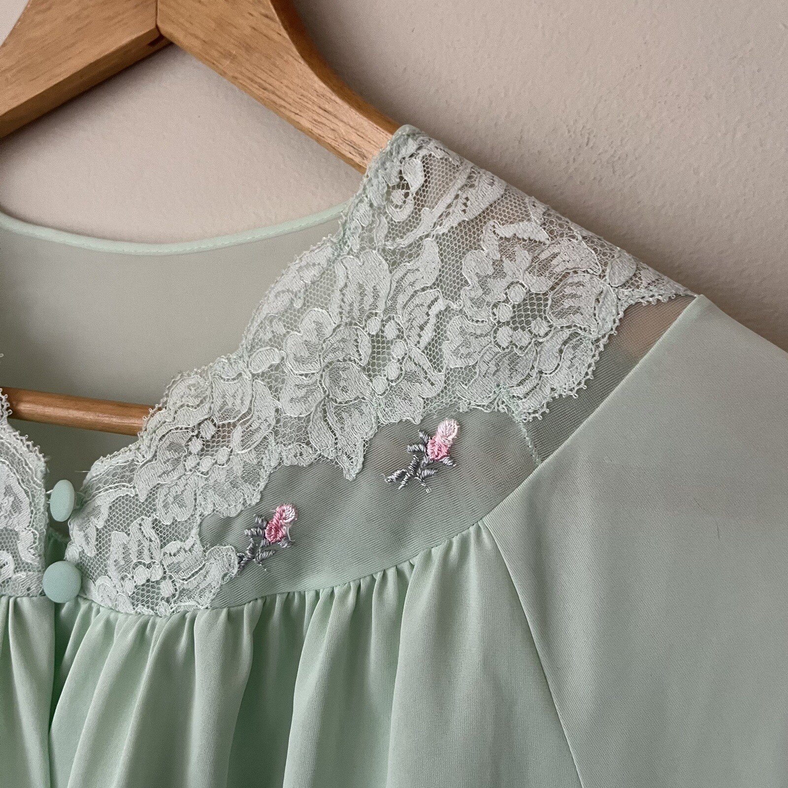 Vtg Shadowline Mint Green Cropped Bed Jacket Pajama Top Lace Trim Capelet Medium
