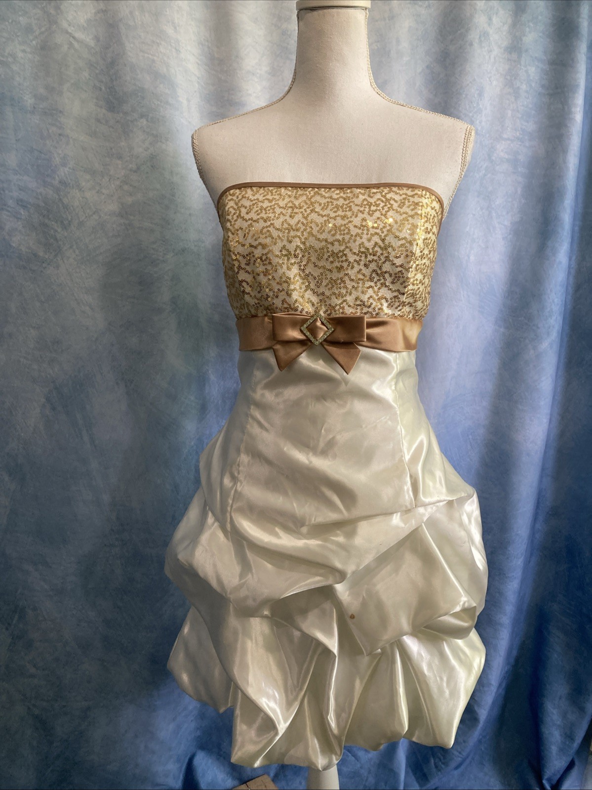 Vtg 90s Y2K Jessica McClintock Gunne Sax Dress Gold Sequin Bubble Hem Cocktail 9