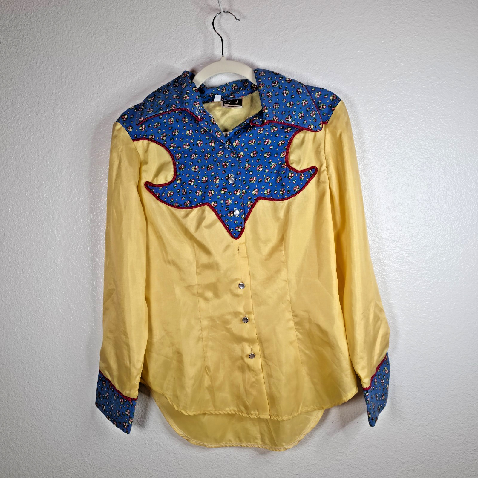 Vintage 70s Duffy Western Cowgirl Shirt M Two Tone Yellow Velvet Floral Pearl Sn