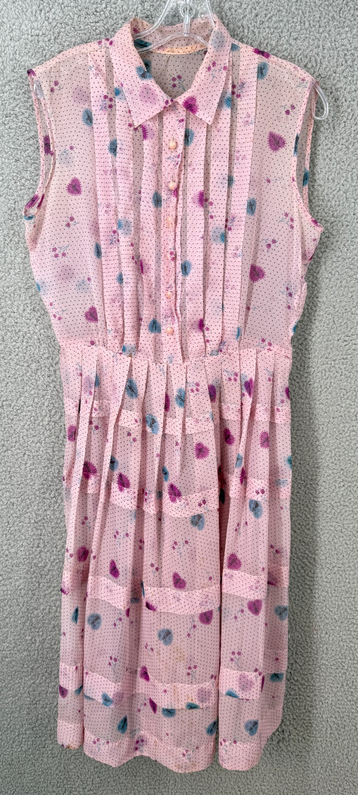 Vintage 30’s Shirt Dress Size M Button Front Casual Sheer Heart Motif Collared