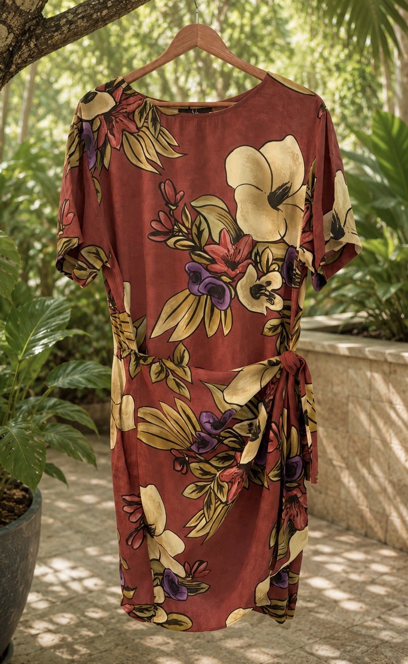 VTG Carole Little Rust Brown Tropical Floral Tie Faux Wrap Rayon Resort Dress 12