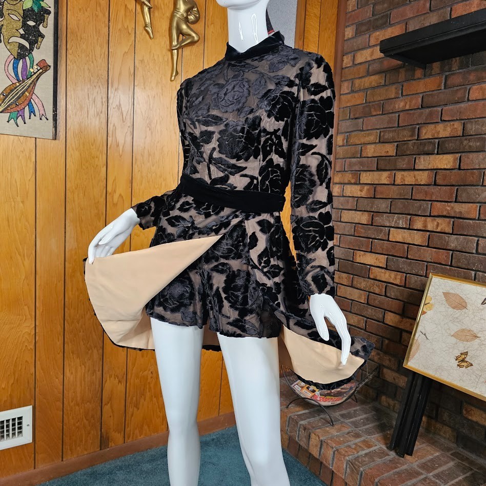 Vtg 60s Mod Youthquake Flocked Velvet Illusion Cocktail Go Go Hot Pants Dress S