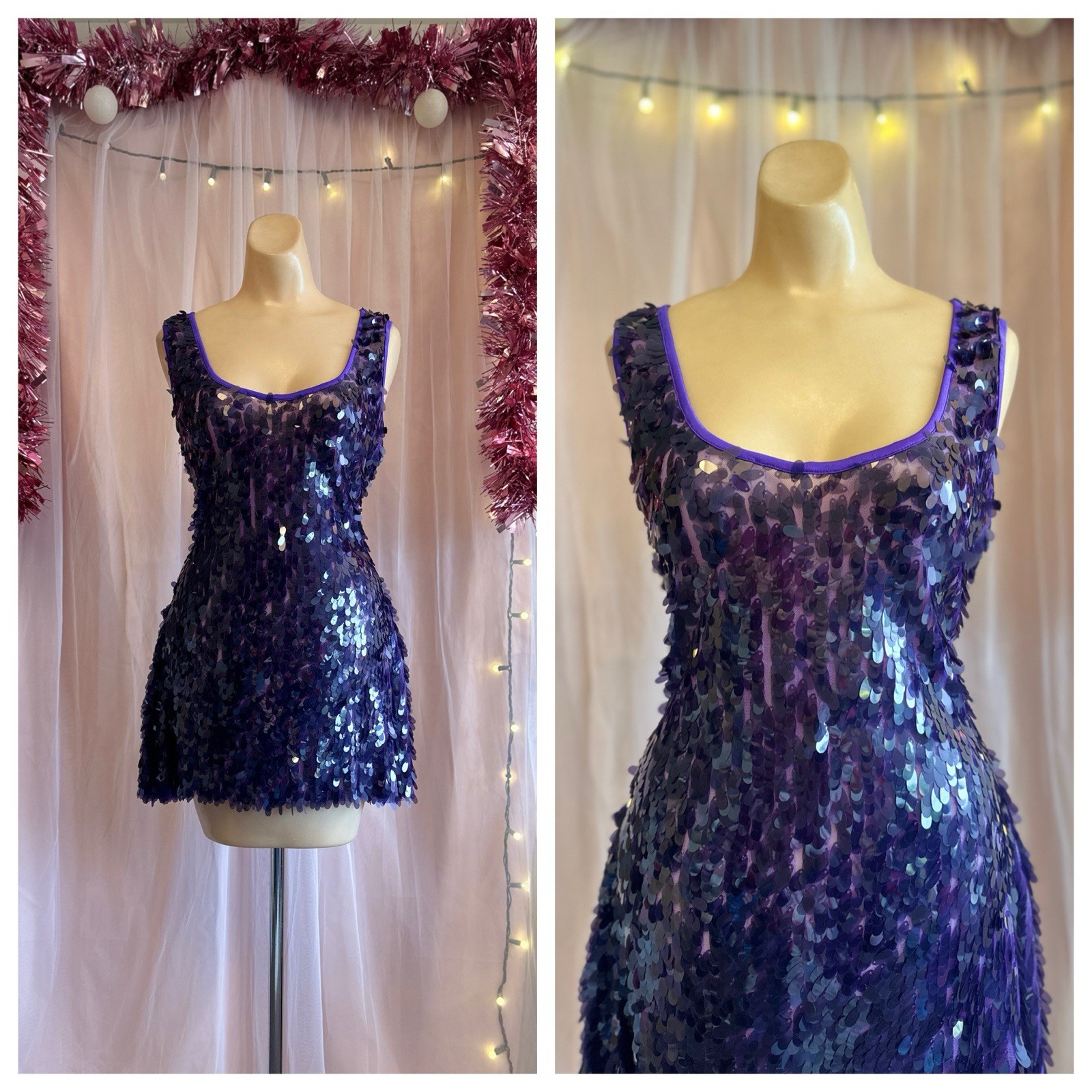 Vintage Y2K 2000s Purple Sequin Mini Dress Sleeveless Bodycon Festival Rave M/L