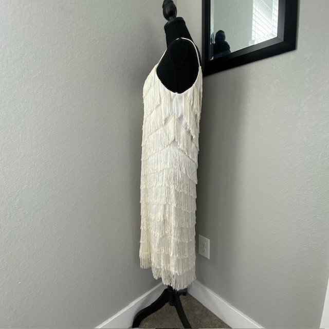 VINTAGE 70s Joy Stevens Ivory Fringe Flapper Gatsby Dress Sz 12